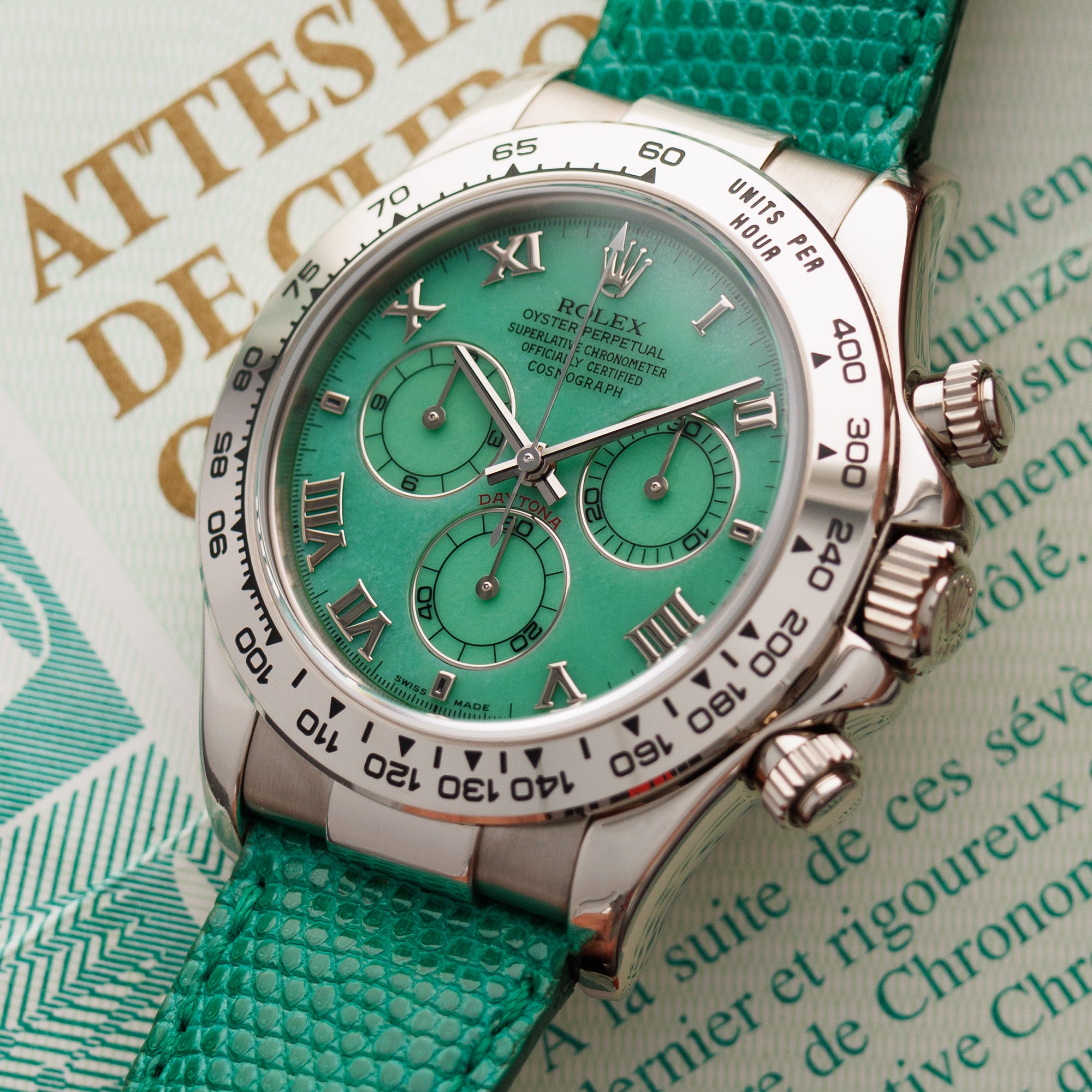 Rolex White Gold Daytona Green Beach Watch 116519