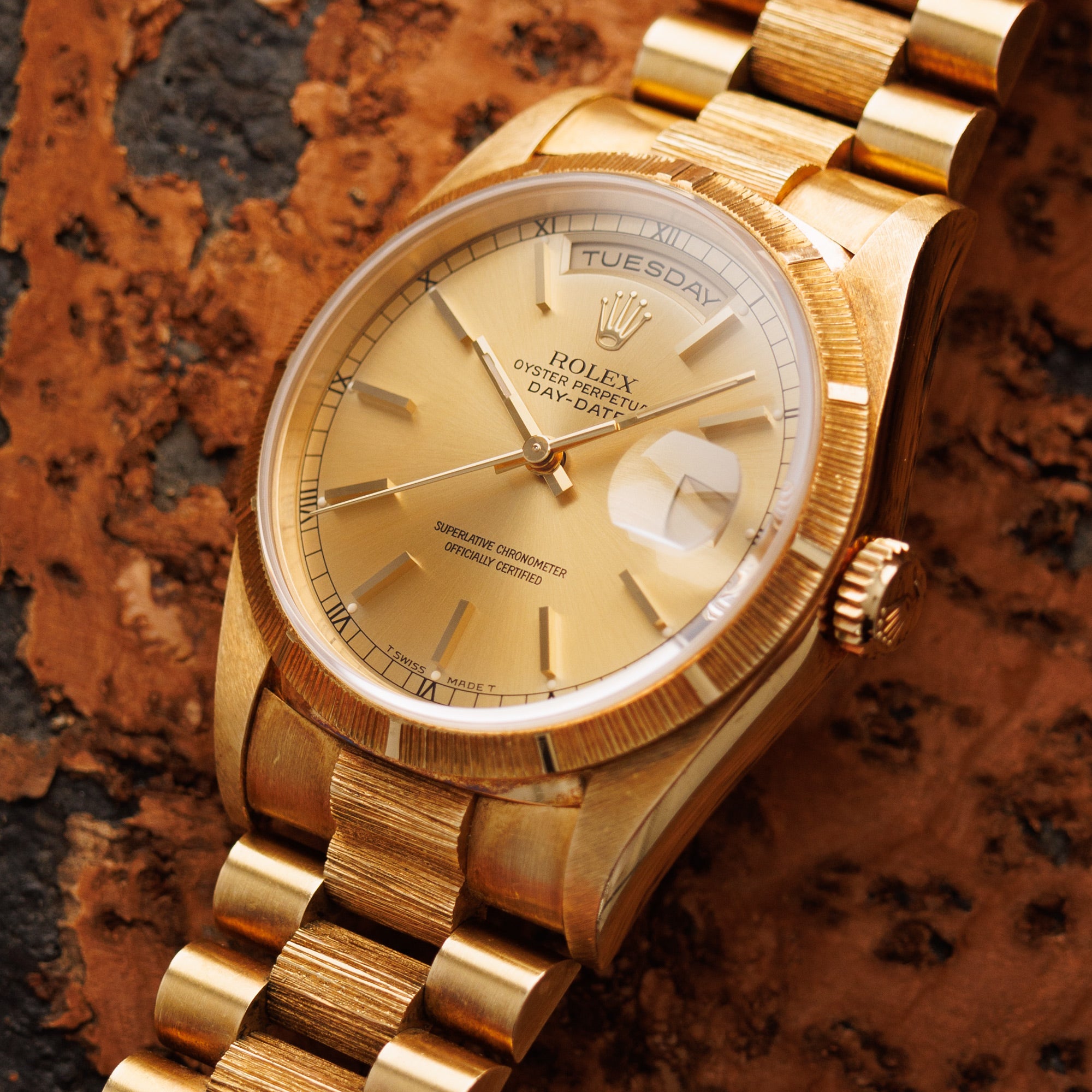 Rolex - Rolex Yellow Gold Day Date Ref. 18248 with Factory Bark Finish - The Keystone Watches