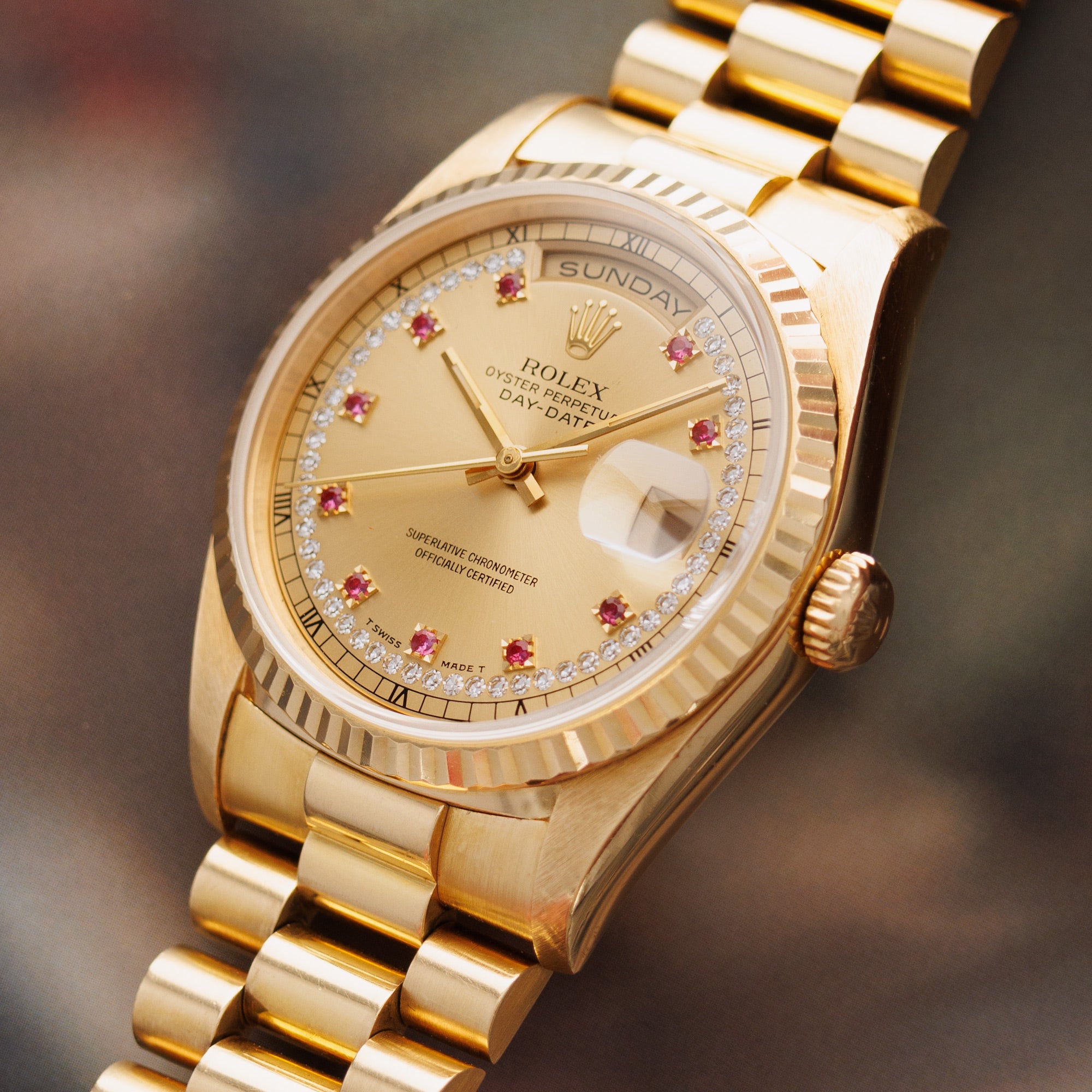 Rolex - Rolex Yellow Gold Day Date Ref. 18238 with Ruby String Dial - The Keystone Watches