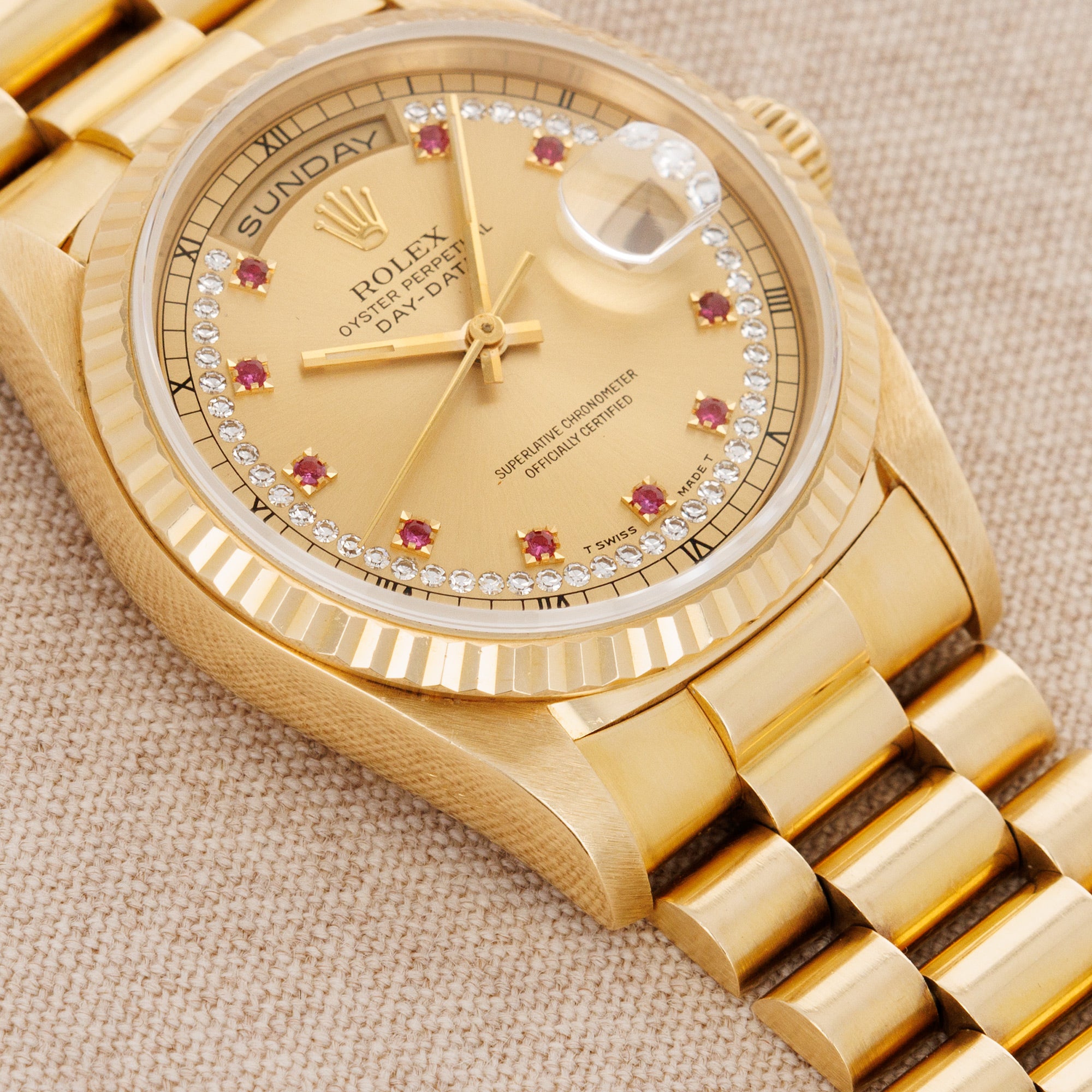 Rolex - Rolex Yellow Gold Day Date Ref. 18238 with Ruby String Dial - The Keystone Watches
