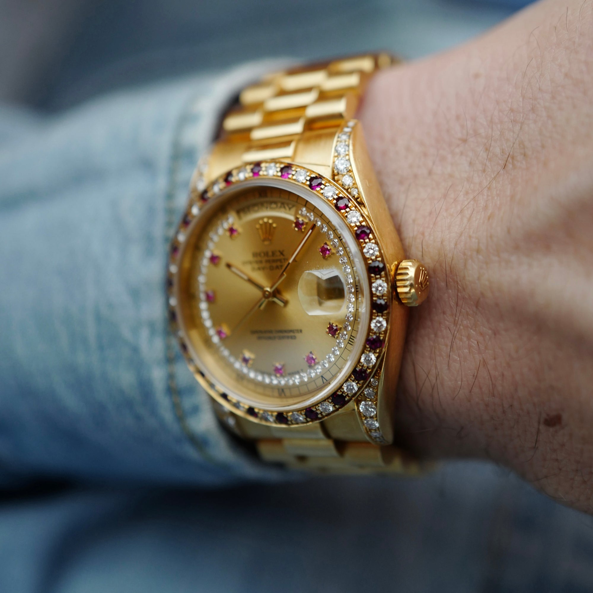 Rolex - Rolex Yellow Gold Day-Date Ref. 18388 with Ruby &amp; Diamond Bezel (NEW ARRIVAL) - The Keystone Watches