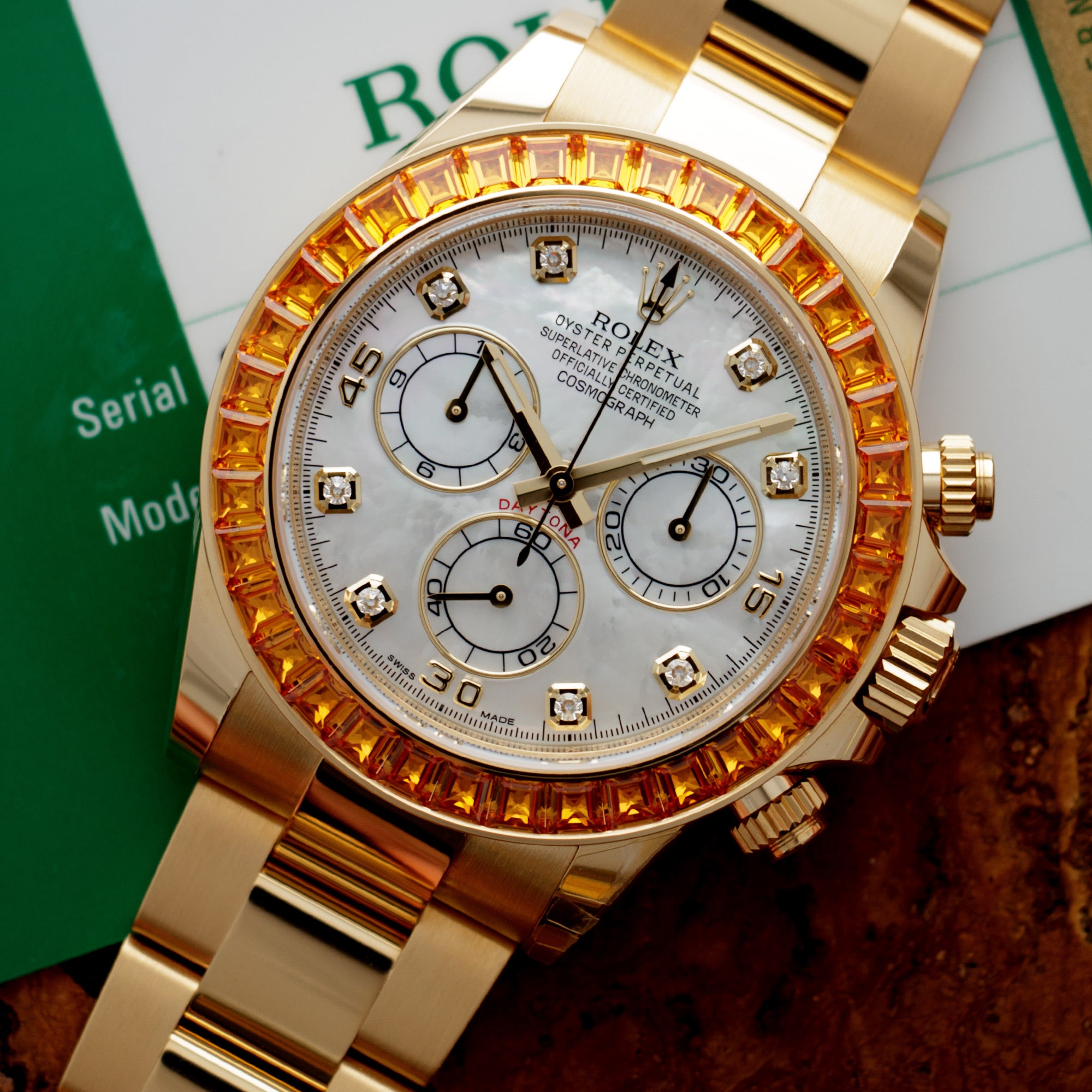 Rolex - Rolex Yellow Gold Daytona Ref. 116578 with MOP Dial and Orange Sapphires - The Keystone Watches