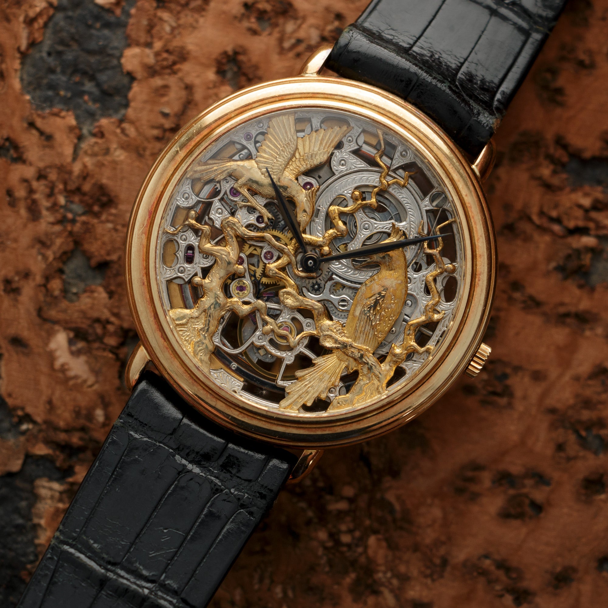 Audemars Piguet - Audemars Piguet Yellow Gold Ultra Thin Skeletonized Watch with Ornate Bird Dial - The Keystone Watches