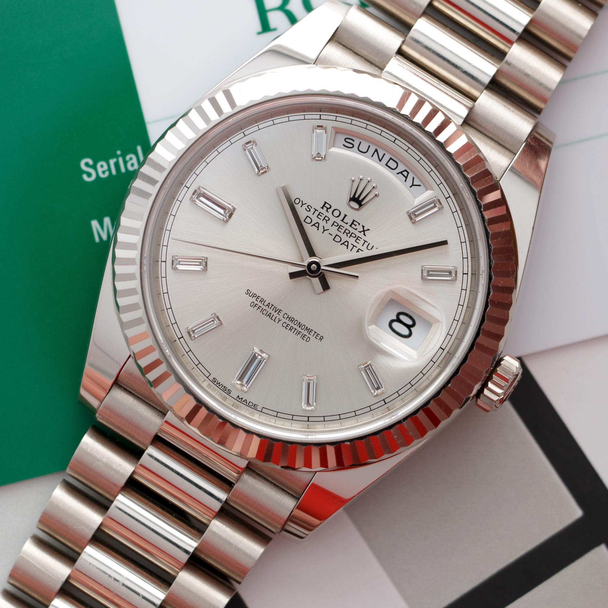 Rolex - Rolex White Gold Day-Date Ref. 228239 with Factory Baguette Diamond Dial - The Keystone Watches
