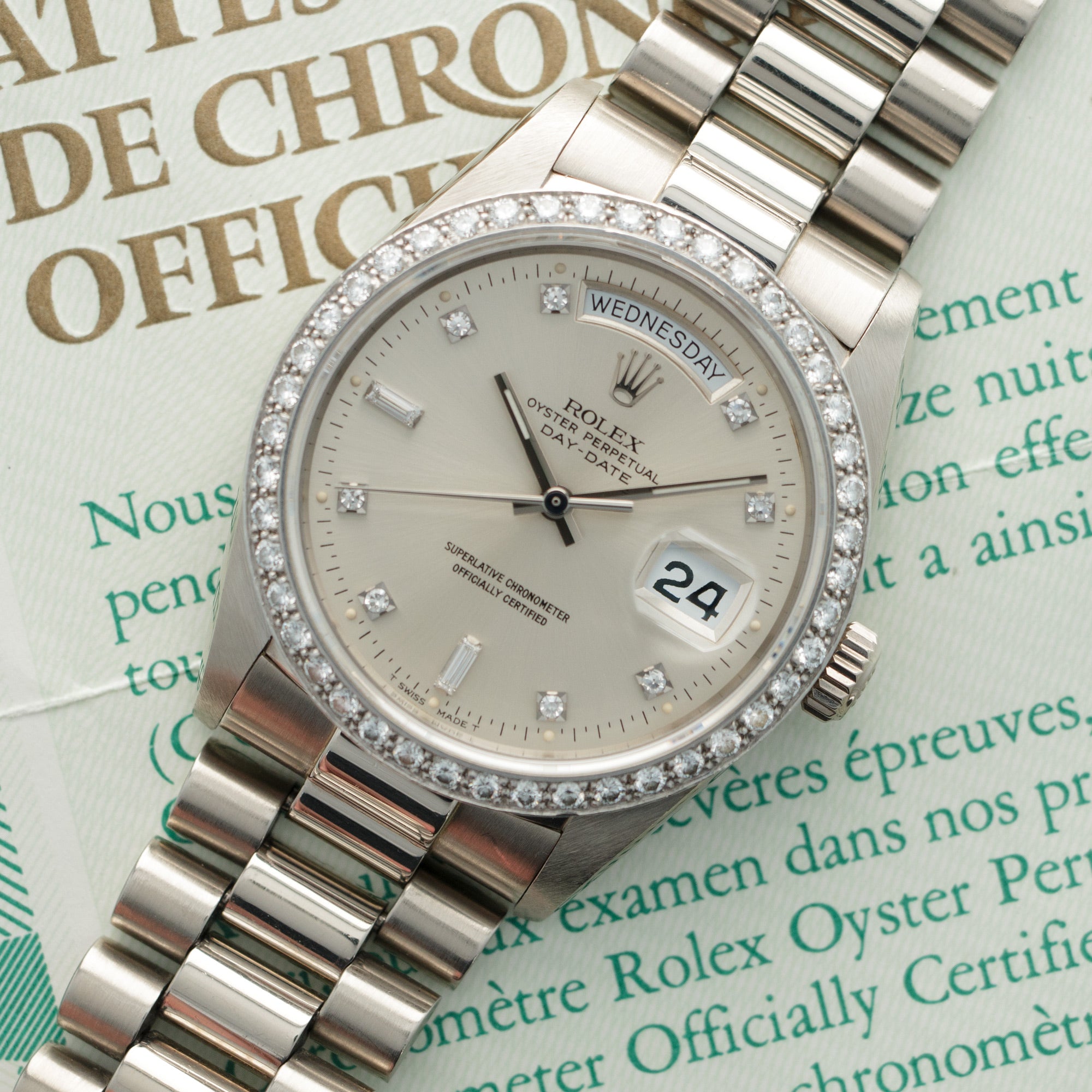 Rolex - Rolex White Gold Day-Date Diamond Watch Ref. 18049 with Original Paper - The Keystone Watches