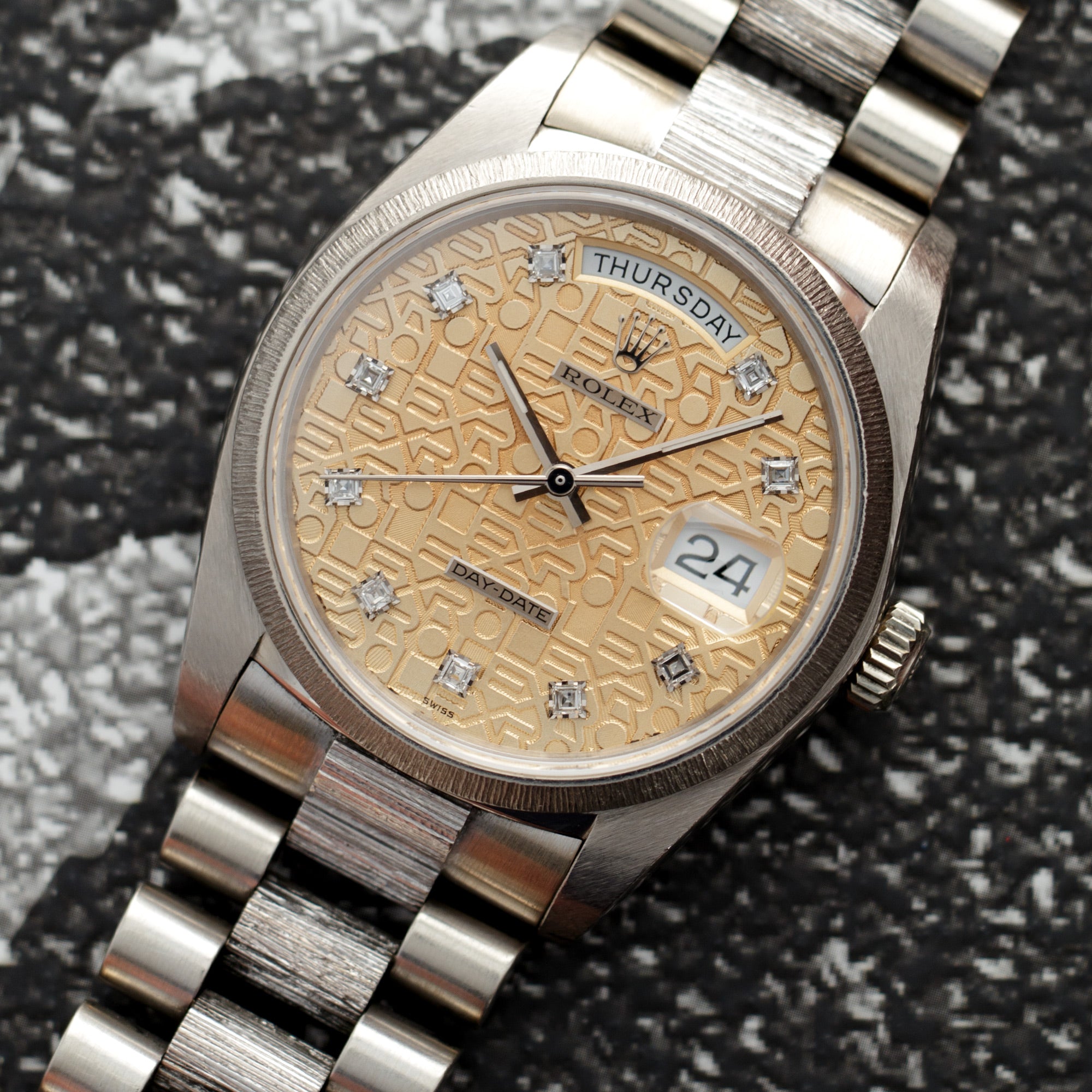 Rolex - Rolex White Gold Day-Date Bark Watch Ref. 18079 with Salmon Jubilee Dial - The Keystone Watches