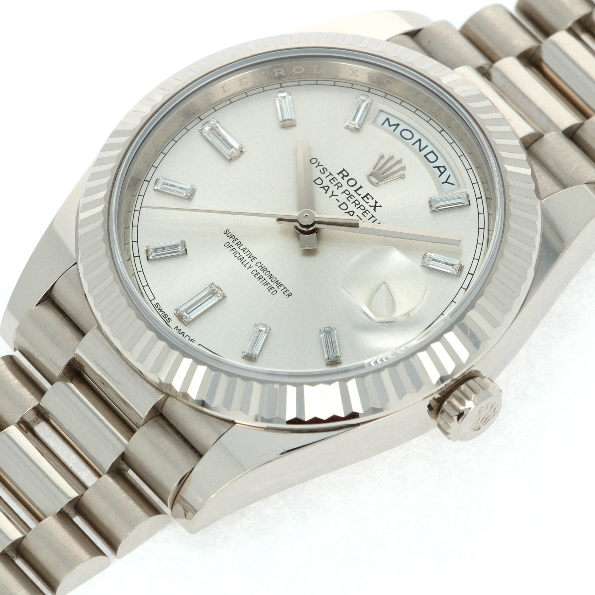 Rolex - Rolex White Gold Day-Date Ref. 228239 with Factory Baguette Diamond Dial - The Keystone Watches