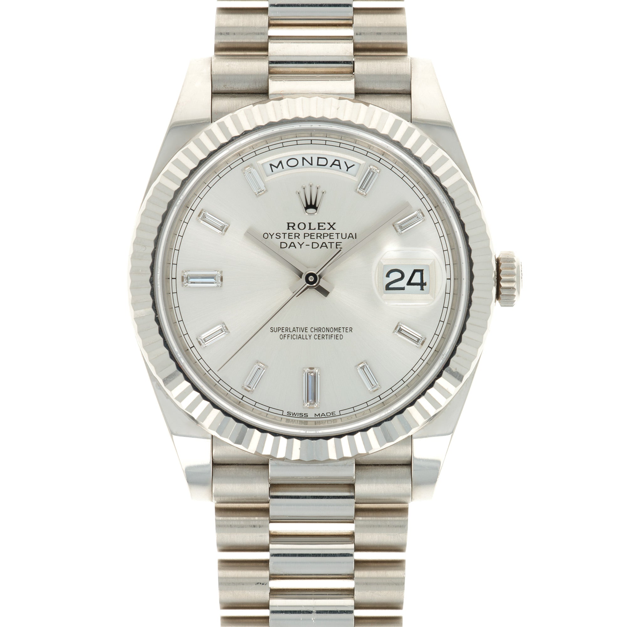 Rolex - Rolex White Gold Day-Date Ref. 228239 with Factory Baguette Diamond Dial - The Keystone Watches