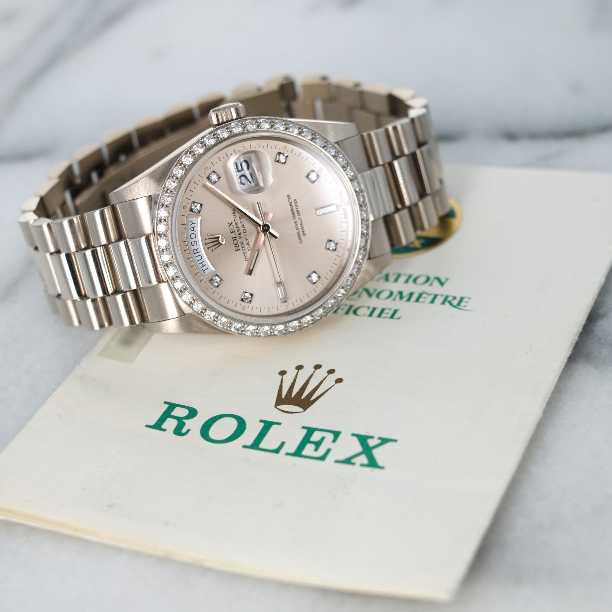 Rolex - Rolex White Gold Day-Date Diamond Watch Ref. 18049 with Original Paper - The Keystone Watches