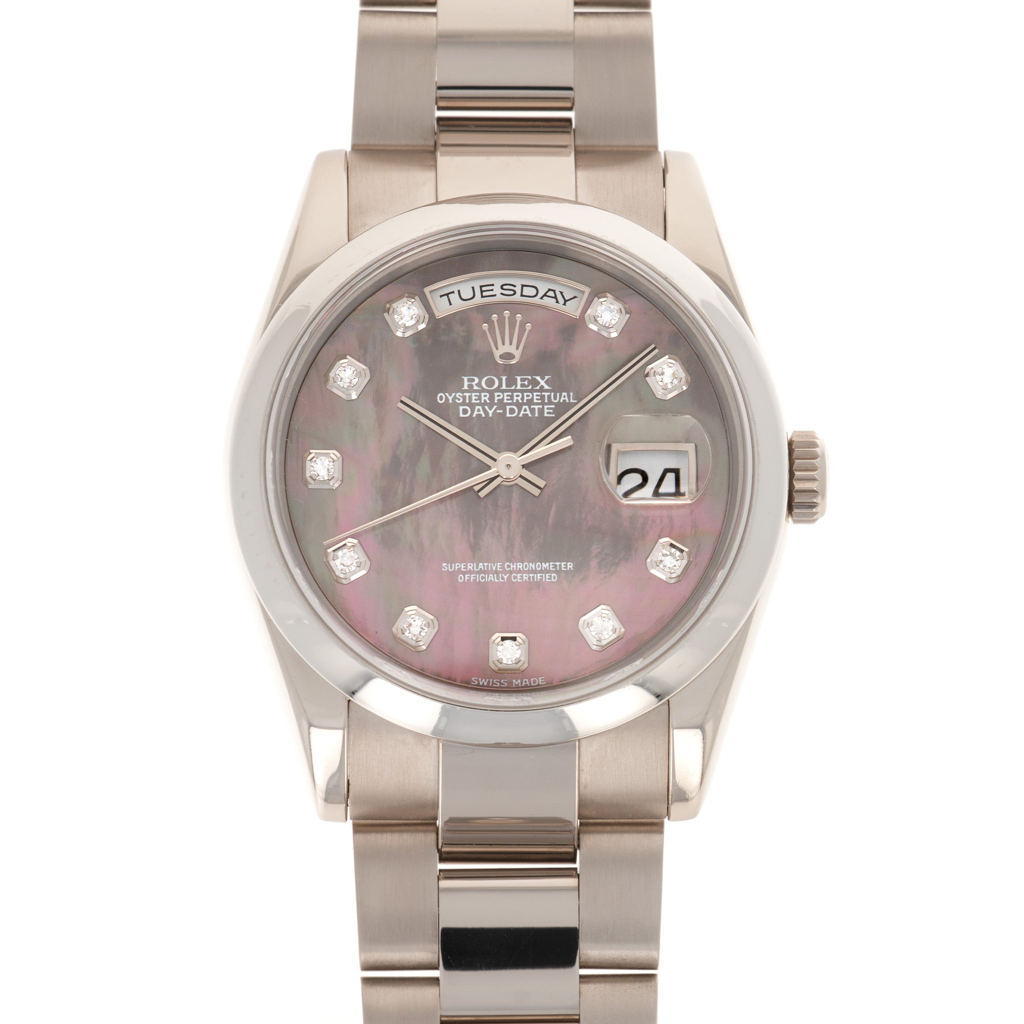 Rolex - Rolex White Gold Day-Date Mother of Pearl Diamond Watch Ref. 118209 - The Keystone Watches