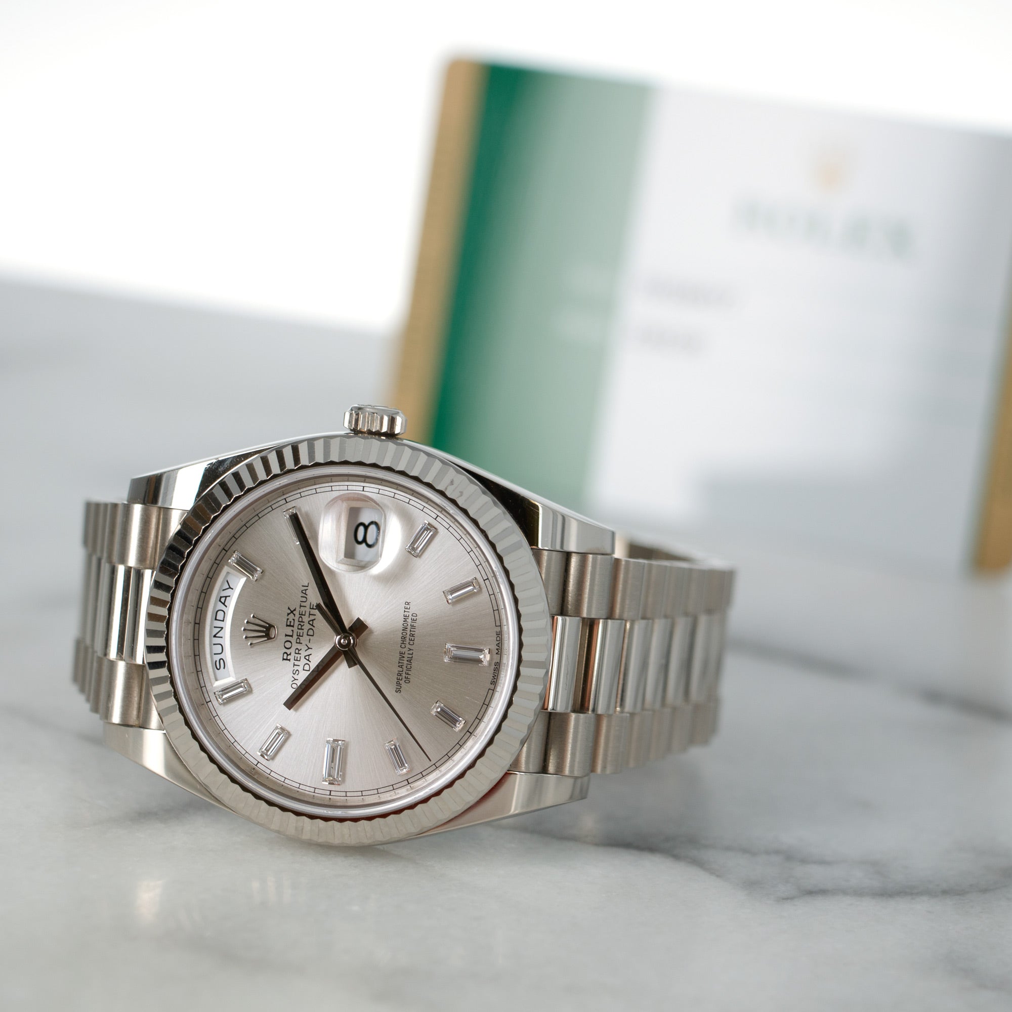 Rolex - Rolex White Gold Day-Date Ref. 228239 with Factory Baguette Diamond Dial - The Keystone Watches