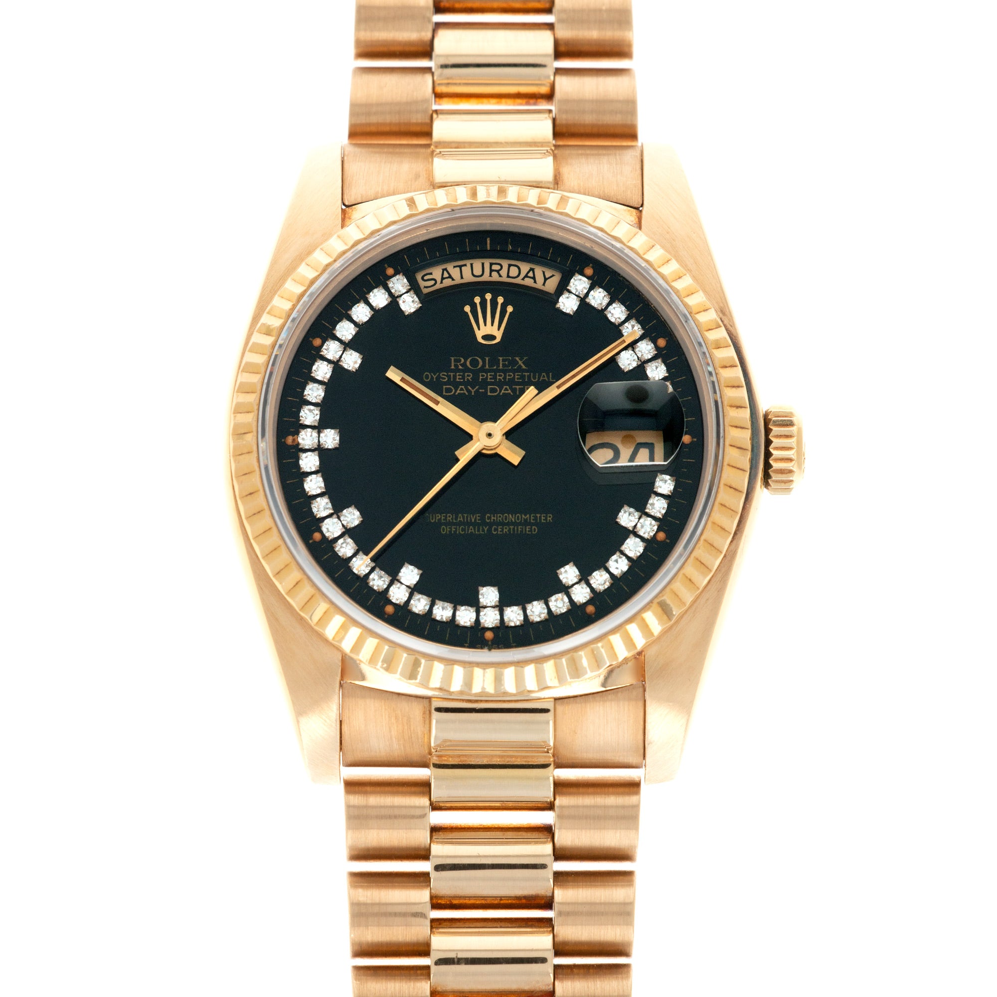 Rolex - Rolex Yellow Gold Day-Date Ref. 18038 with Black, Diamond String Dial - The Keystone Watches