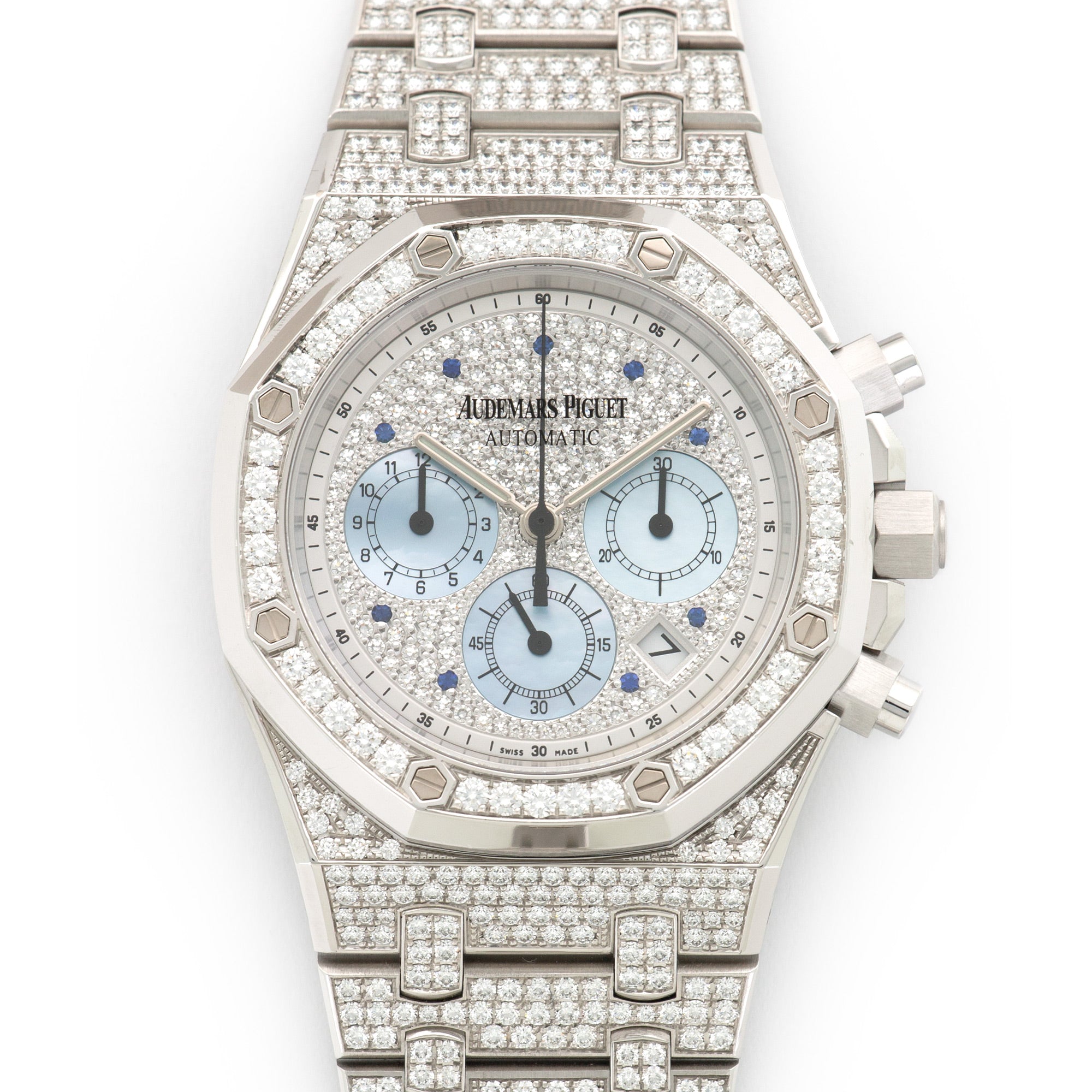 Audemars Piguet White Gold Pave Diamond Royal Oak Chrono Watch Ref. 25978