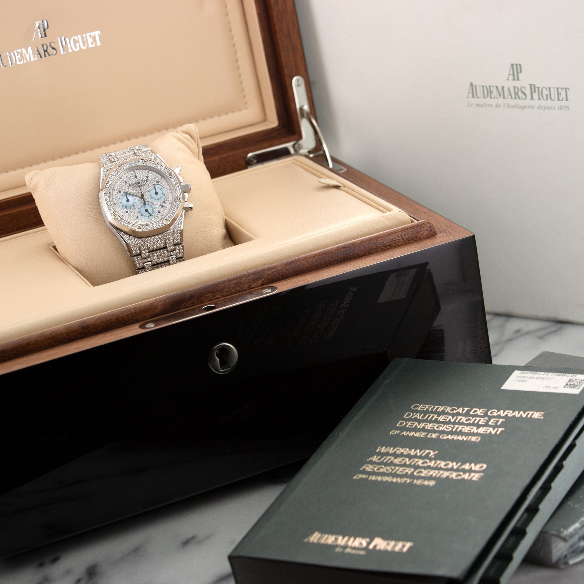 Audemars Piguet White Gold Pave Diamond Royal Oak Chrono Watch Ref. 25978