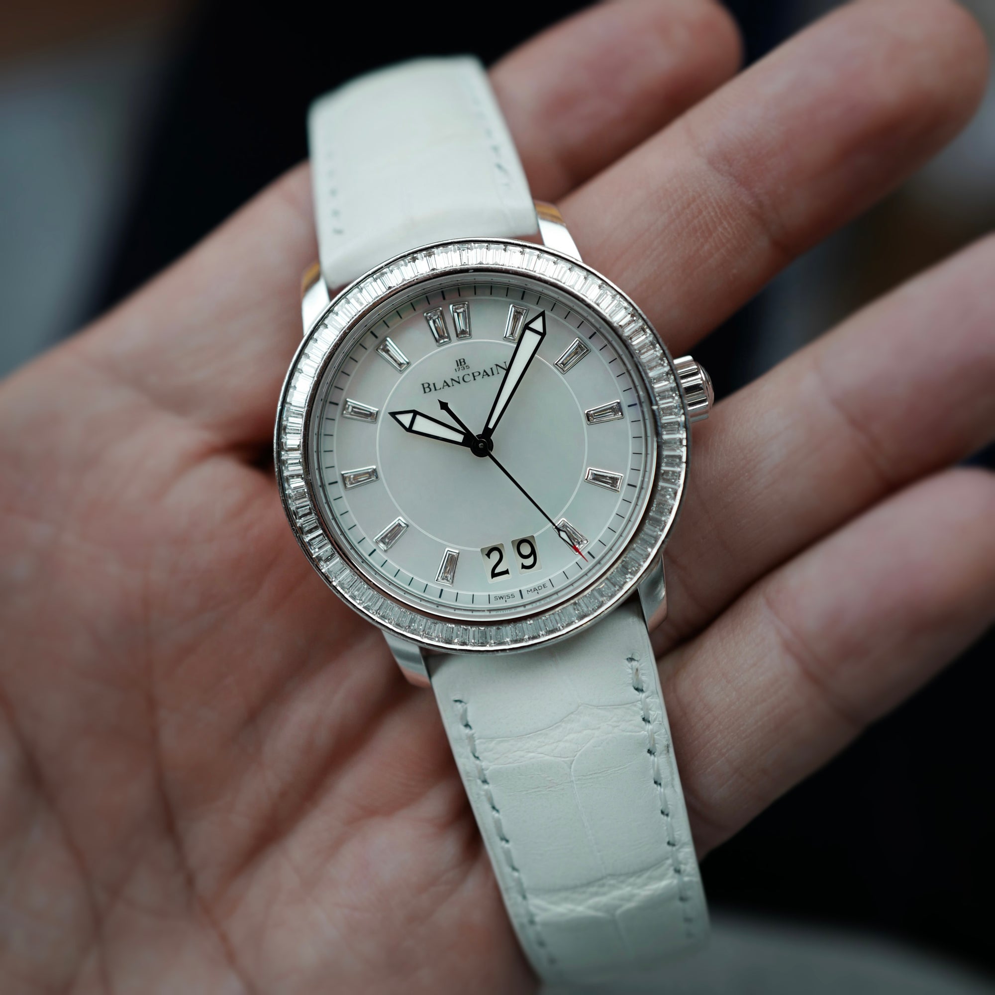 Blancpain White Gold Grand Date with Baguette Bezel and Diamond Mother of Pearl Dial (New Arrival)