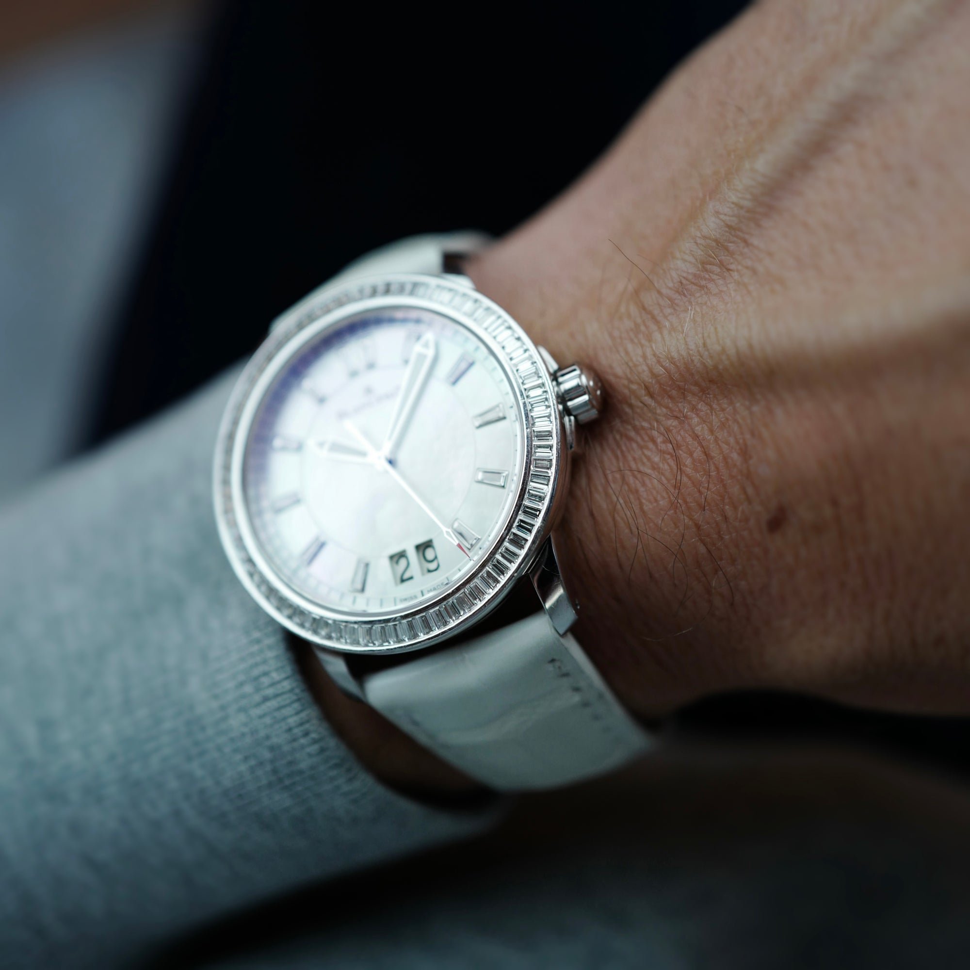 Blancpain White Gold Grand Date with Baguette Bezel and Diamond Mother of Pearl Dial (New Arrival)