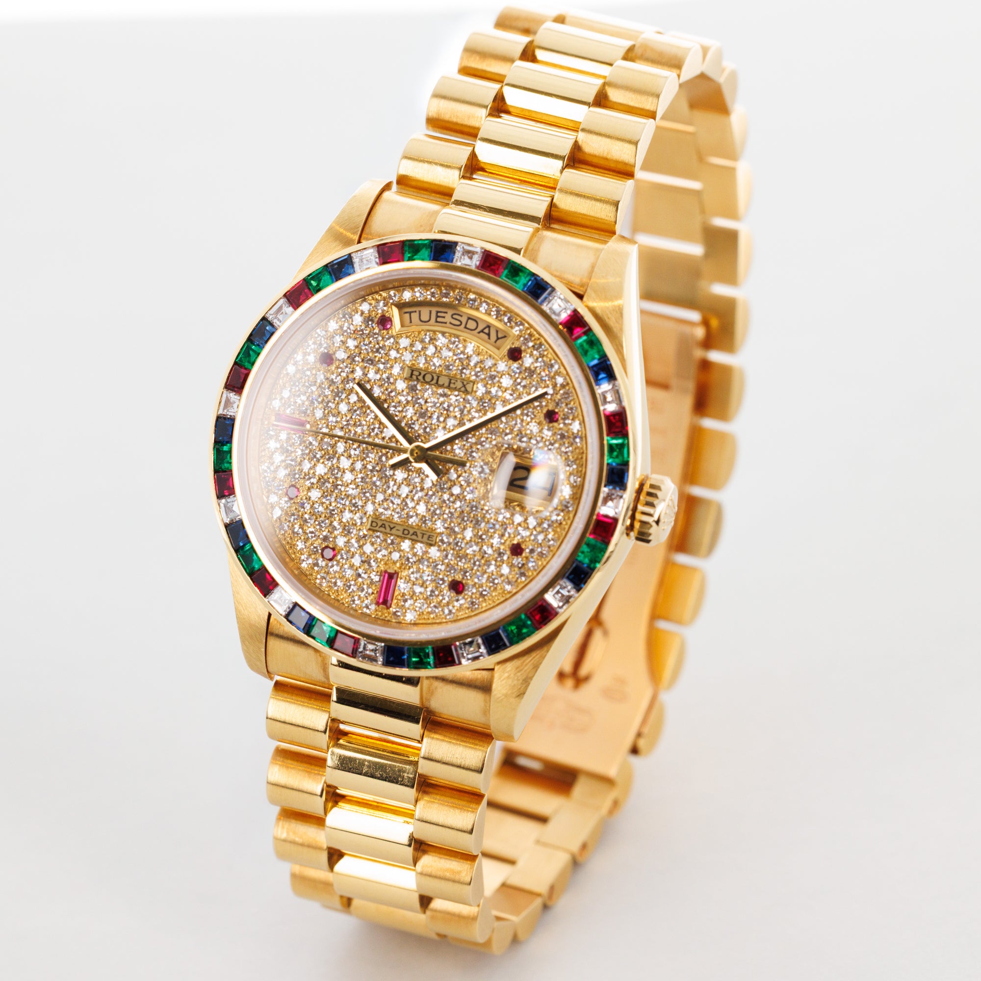 Rolex Yellow Gold Day-Date Sapphire Ruby Emerald Diamond Ref. 18188
