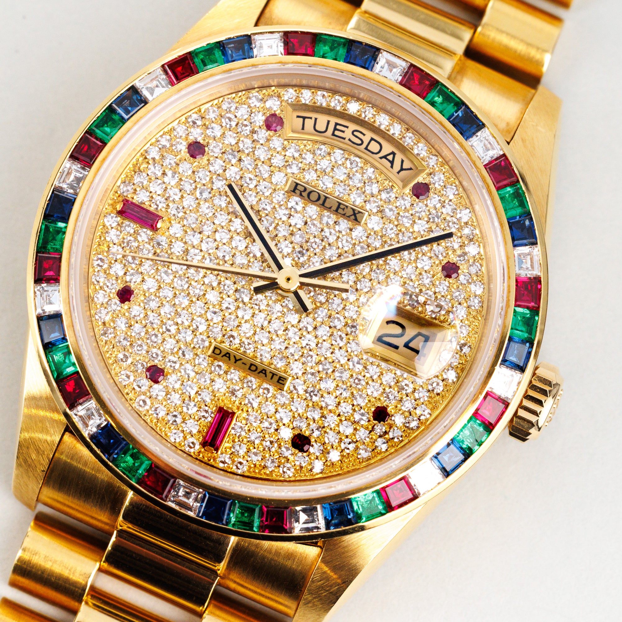 Rolex Yellow Gold Day-Date Sapphire Ruby Emerald Diamond Ref. 18188