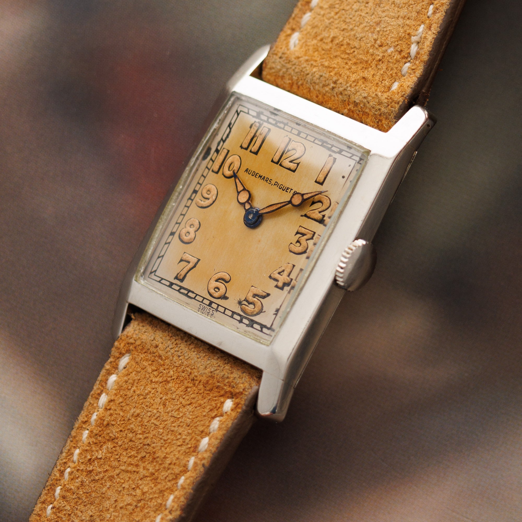 Audemars Piguet White Gold Tank Watch with Luminous Arabic Numerals