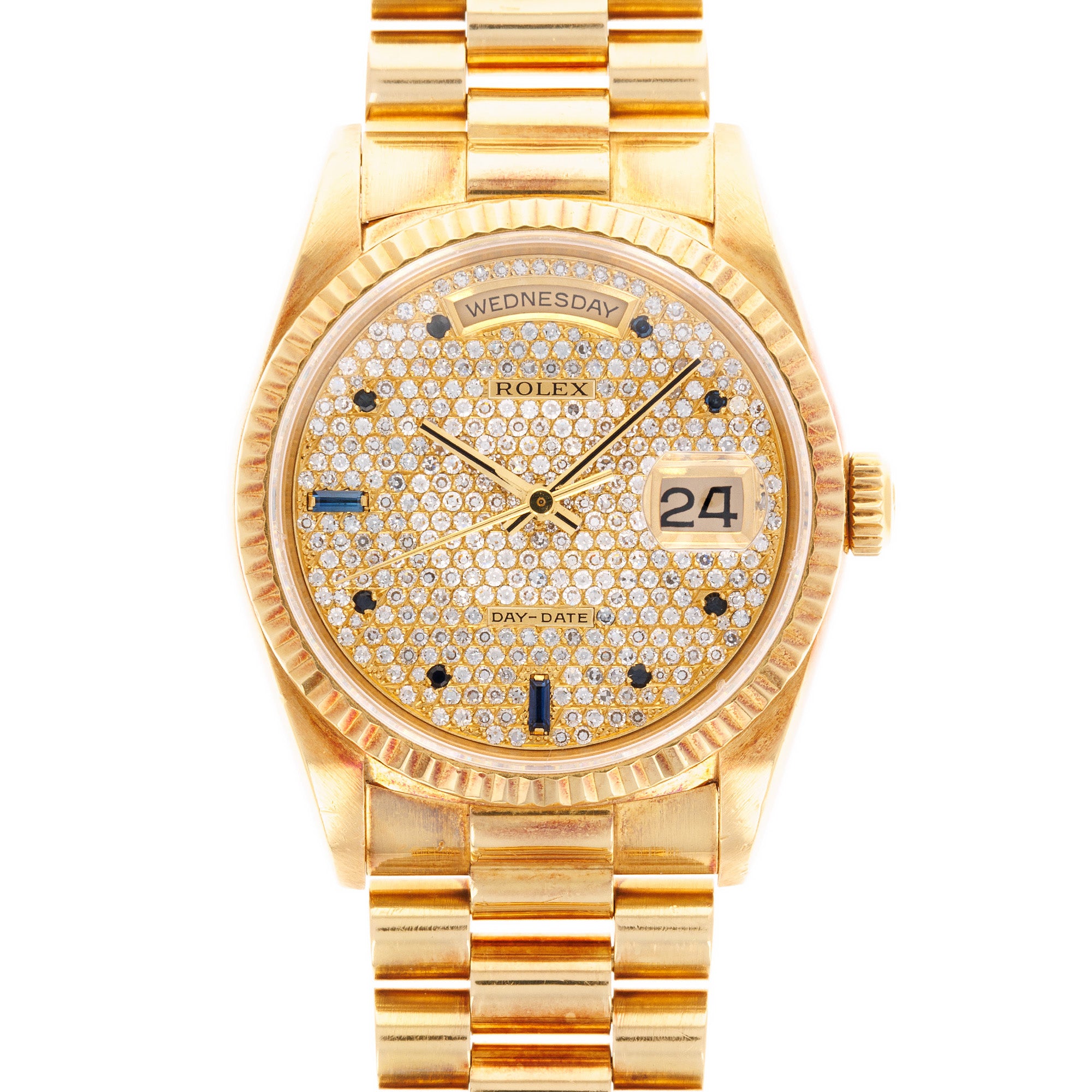 Rolex - Rolex Yellow Gold Day-Date Ref. 18238 with Pave Diamonds and Sapphire Markers - The Keystone Watches