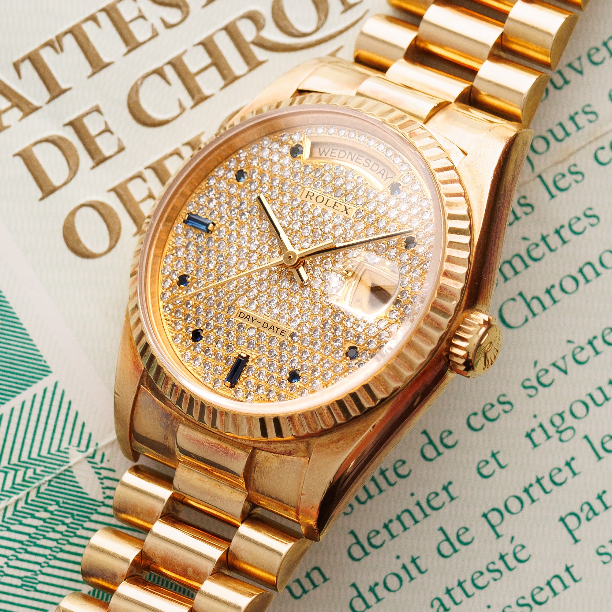 Rolex - Rolex Yellow Gold Day-Date Ref. 18238 with Pave Diamonds and Sapphire Markers - The Keystone Watches