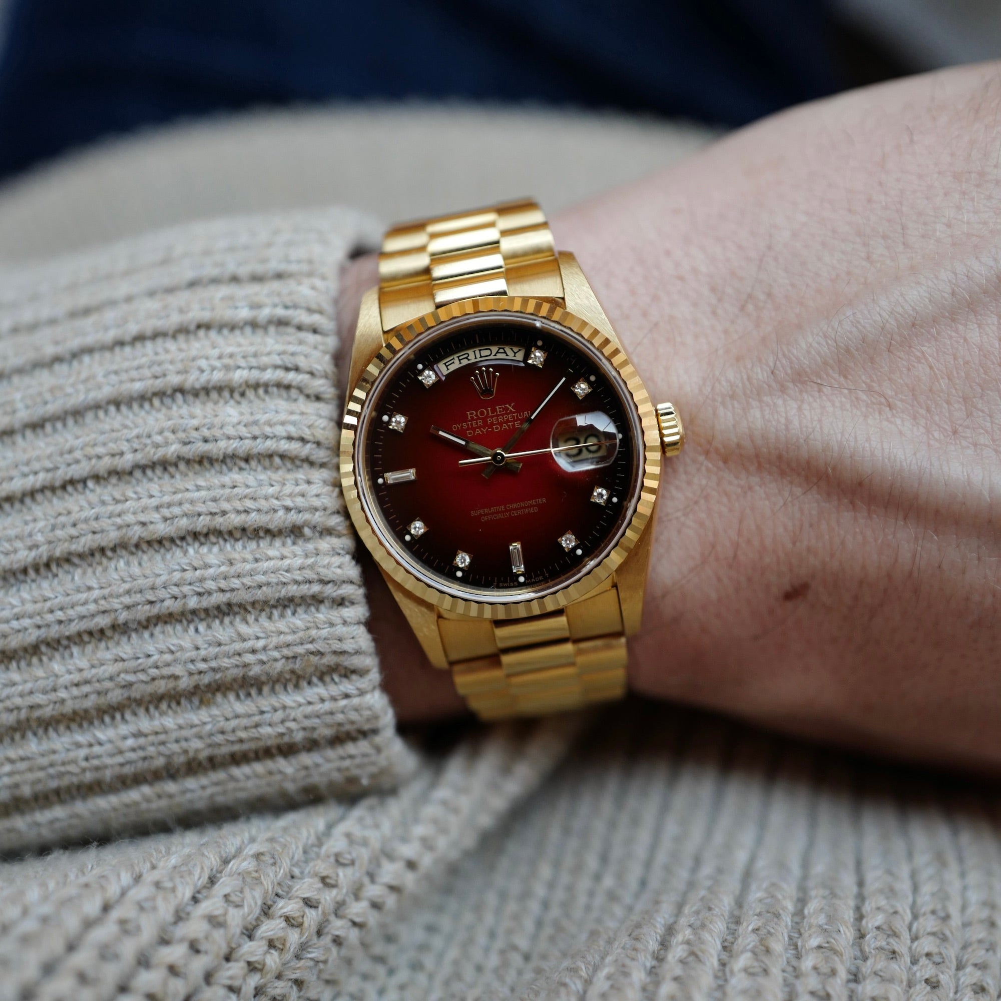 Rolex - Rolex Yeloow Gold Day Date Ref. 18238 with Red Vignette Dial - The Keystone Watches