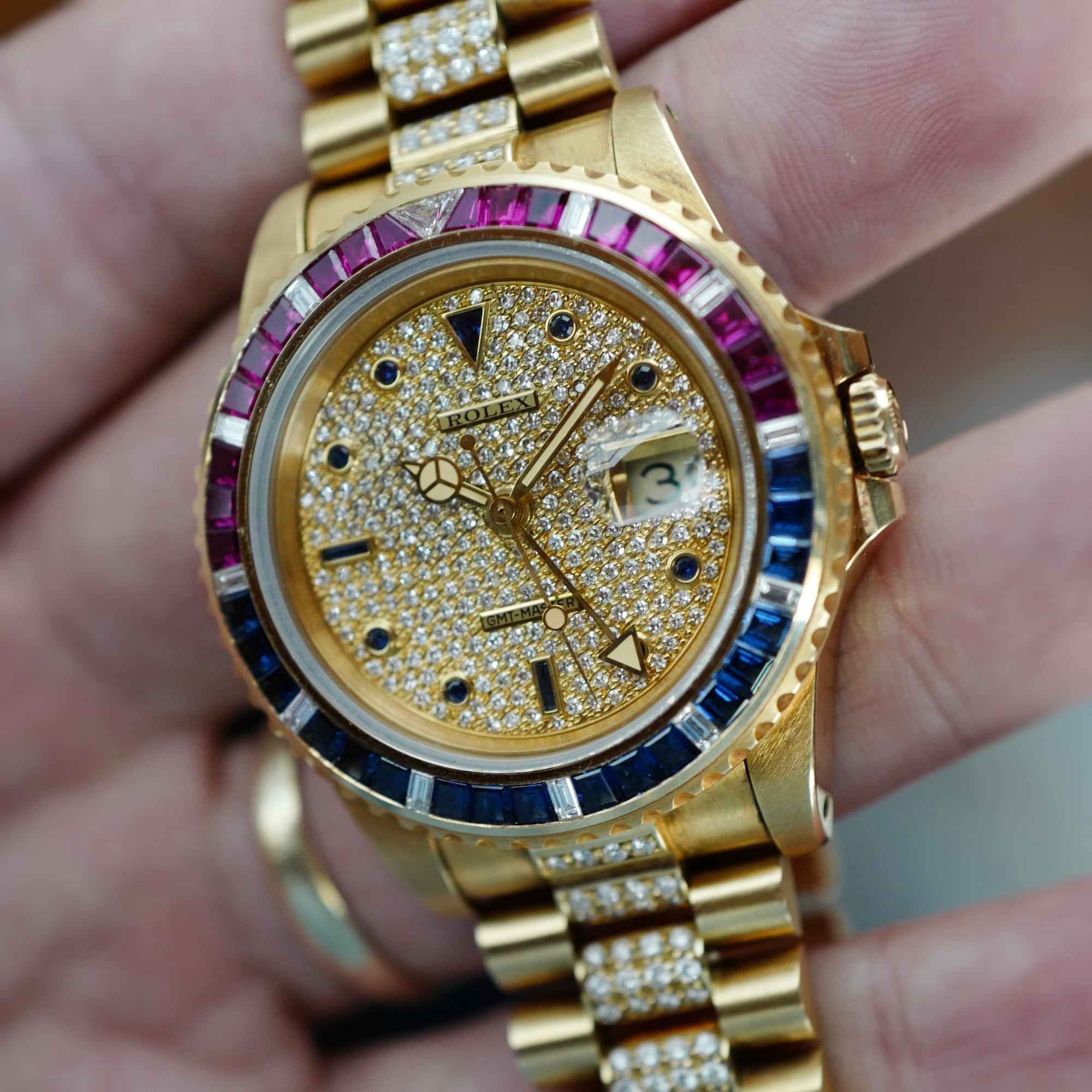 Rolex - Rolex Yellow Gold GMT-Master Diamond Ruby Sapphire Watch Ref. 16758 (Private Sale) - The Keystone Watches