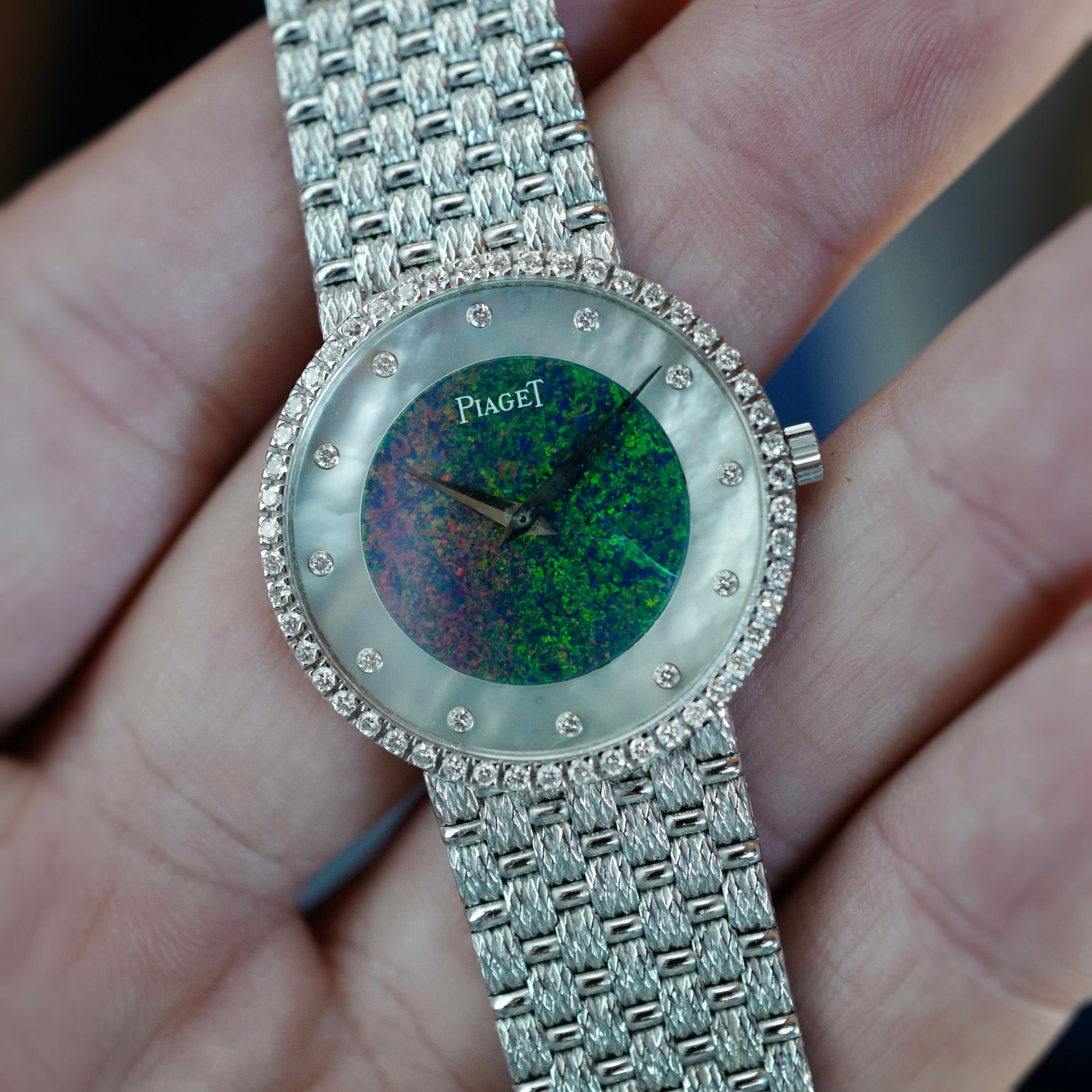 Piaget White Gold Round Watch Ref. 9066 with Opal Dial and Diamonds