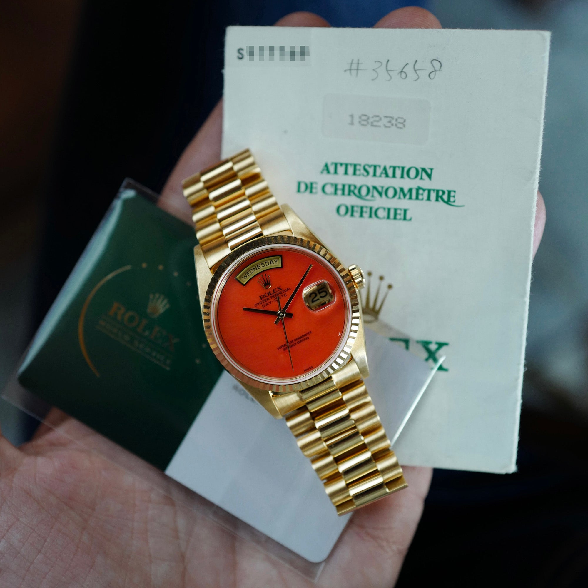 Rolex Yellow Gold Day-Date Ref. 18238 with Rare Coral Dial