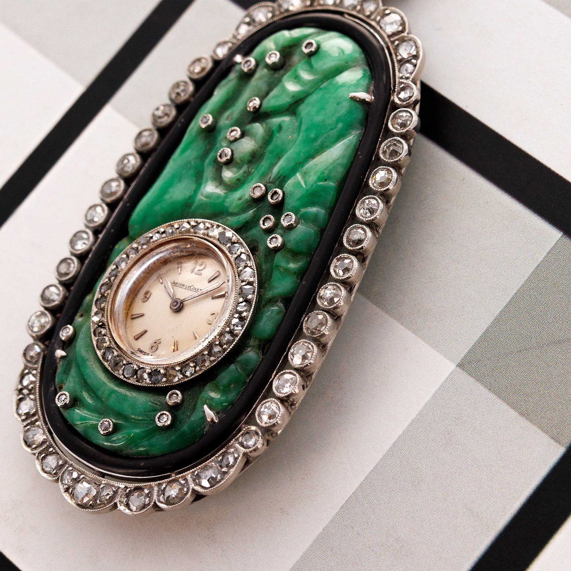 Jaeger Lecoultre Jade Diamond Onyx Pendant Watch, Art Deco (Objet)