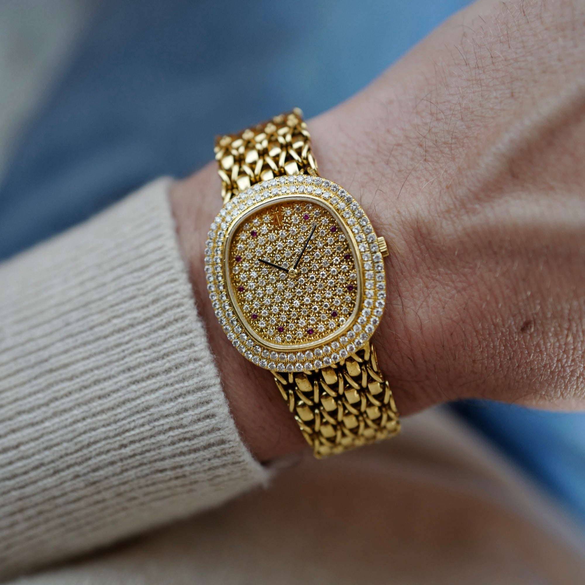 Audemars Piguet Yellow Gold Bracelet Watch with Pave Diamond & Ruby Dial (New Arrival)