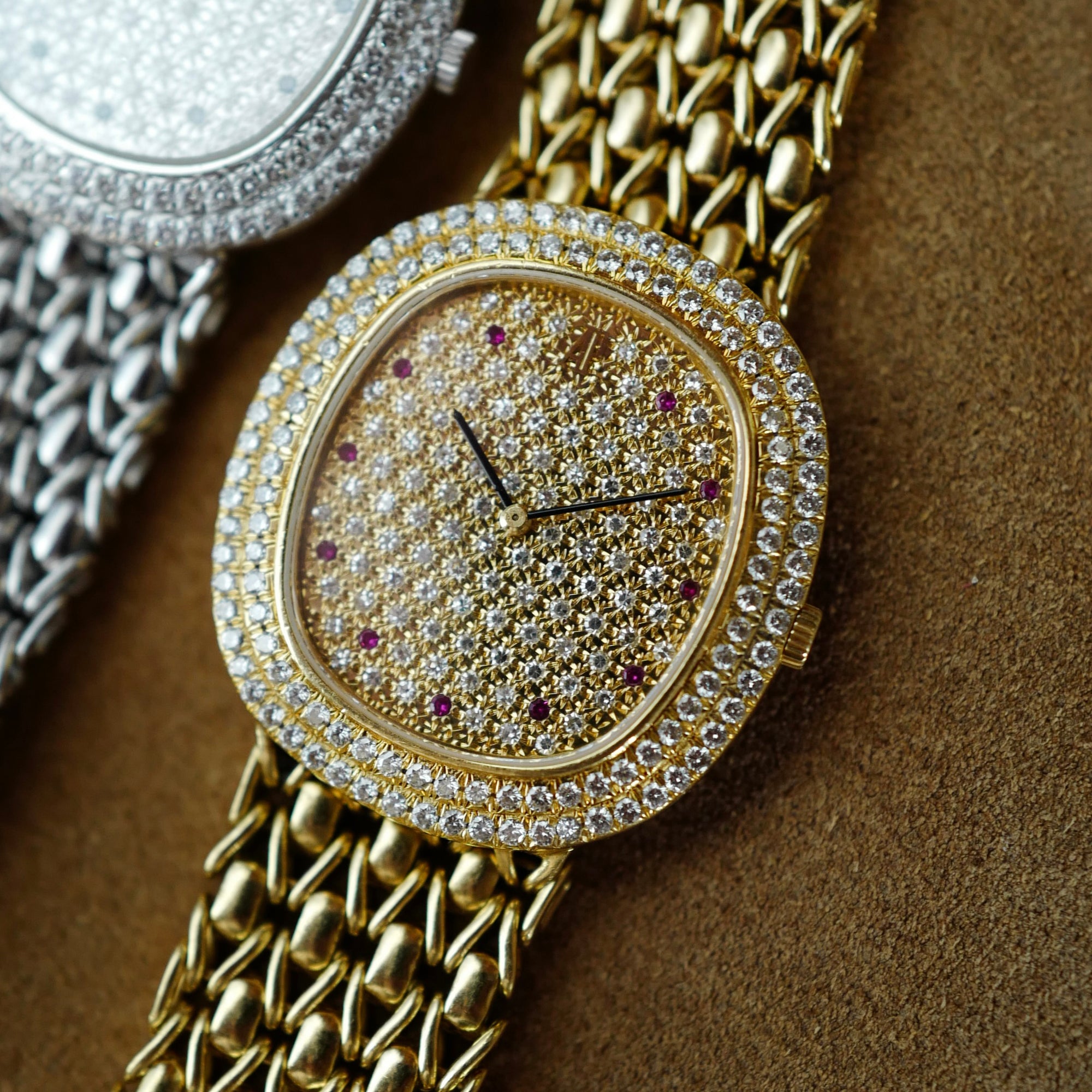 Audemars Piguet Yellow Gold Bracelet Watch with Pave Diamond &amp; Ruby Dial