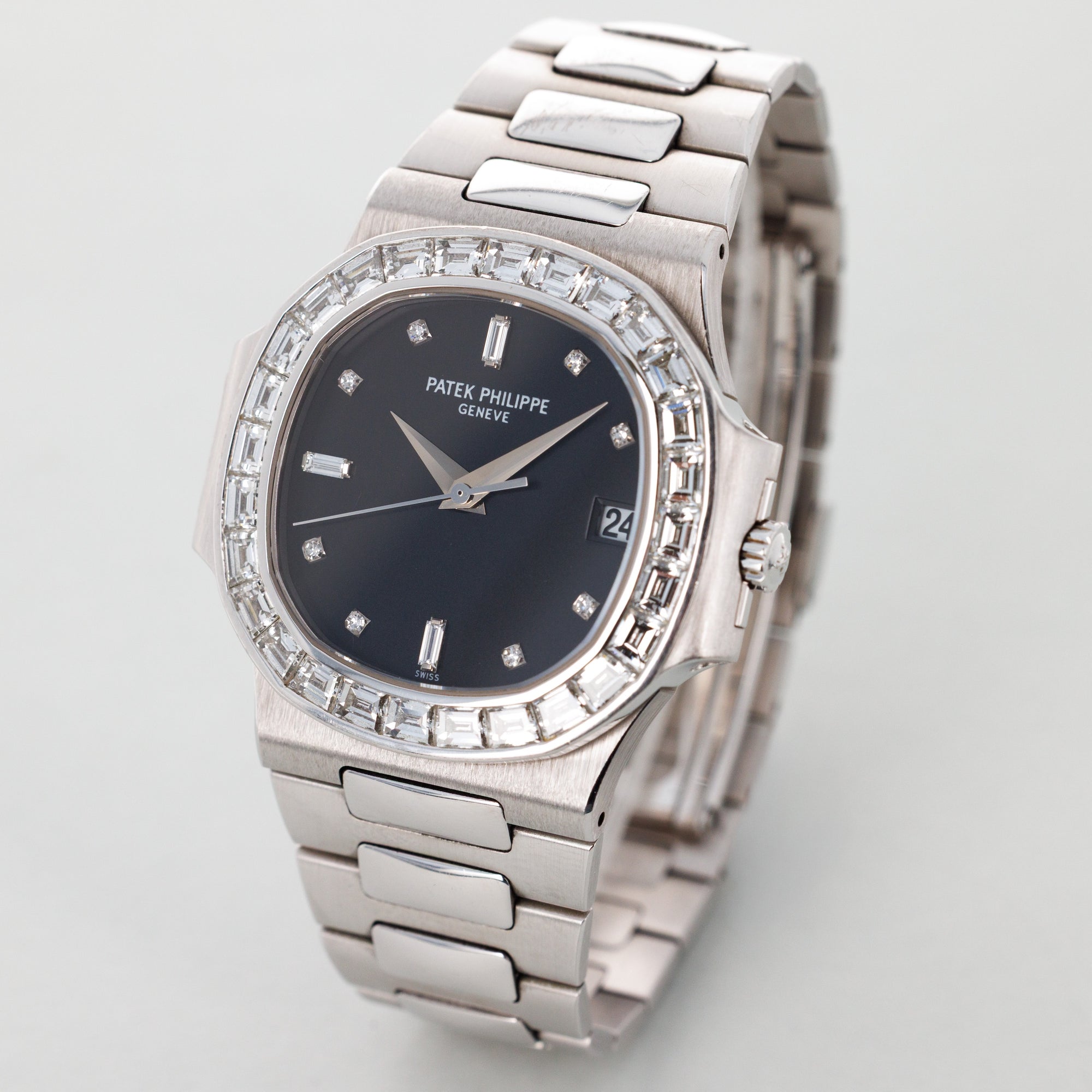 Patek Philippe White Gold Nautilus Watch Ref. 3800/130 with Baguette Diamond Bezel
