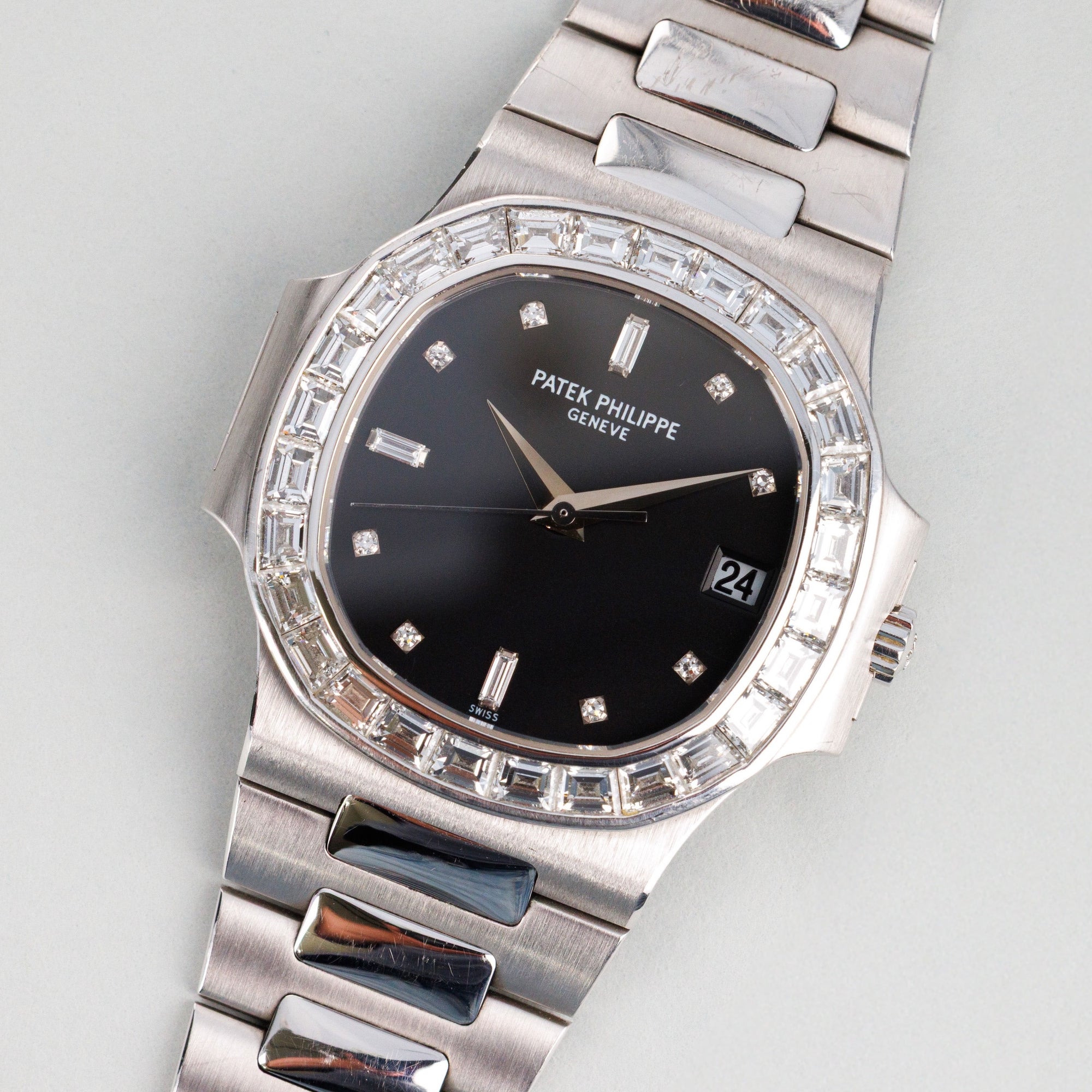 Patek Philippe White Gold Nautilus Watch Ref. 3800/130 with Baguette Diamond Bezel