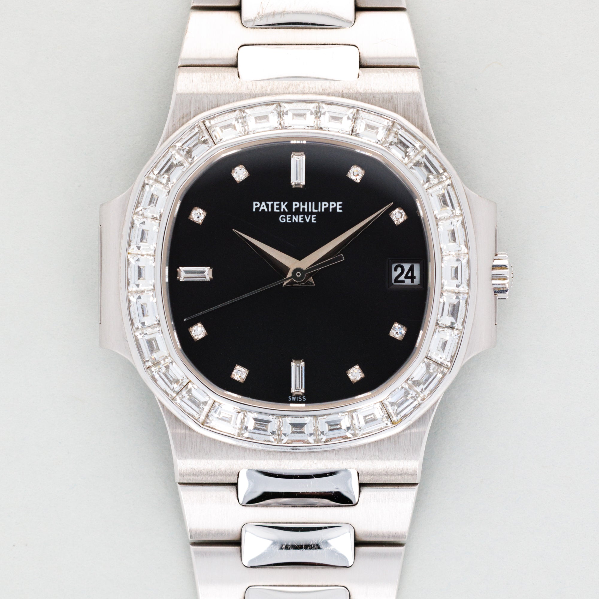 Patek Philippe White Gold Nautilus Watch Ref. 3800/130 with Baguette Diamond Bezel