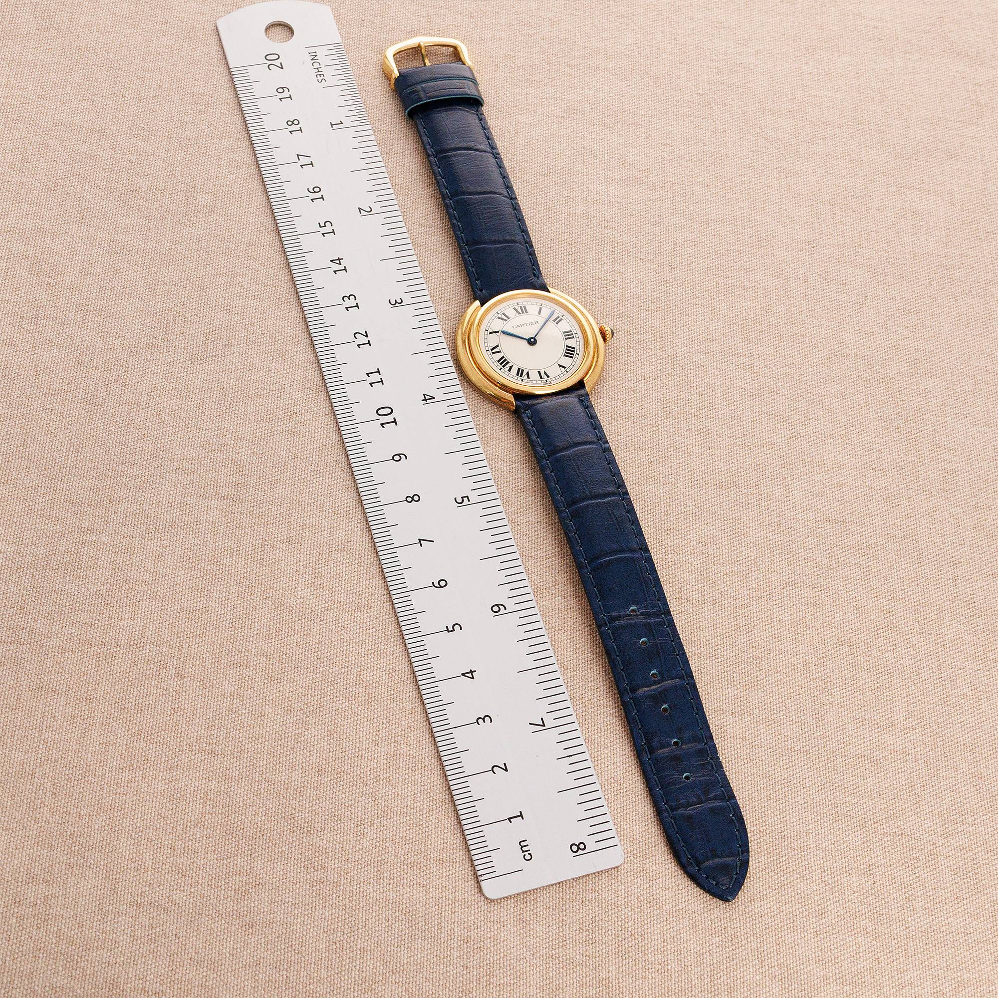 Cartier Vendome 78090 18k YG Excellent Condition with Very Minor Wear Unisex 18k YG White with Roman Numerals 33 mm Manual Blue Watch Only