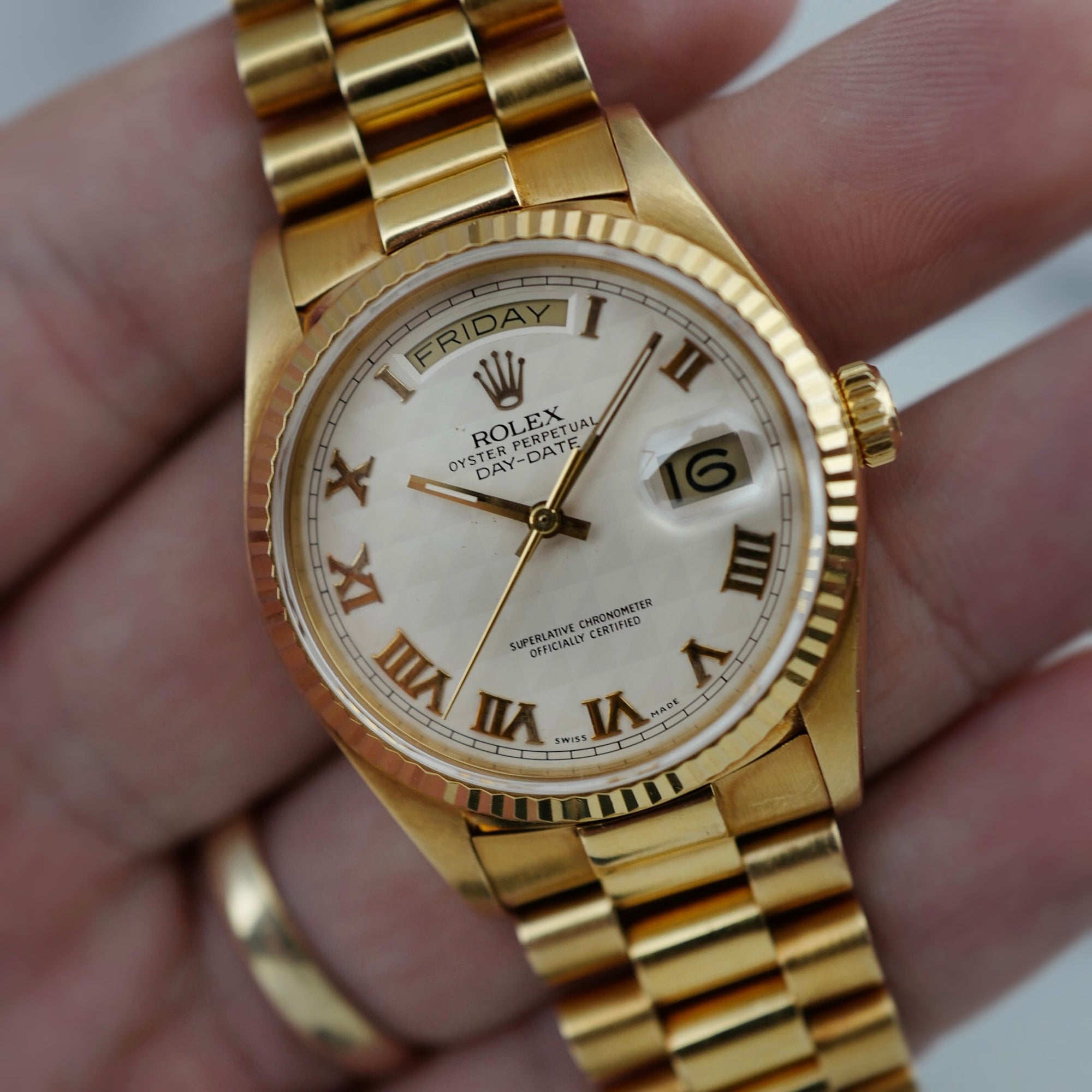 Rolex - Rolex Yellow Gold Day Date Ref. 18038 with White Pyramid Roman Dial - The Keystone Watches