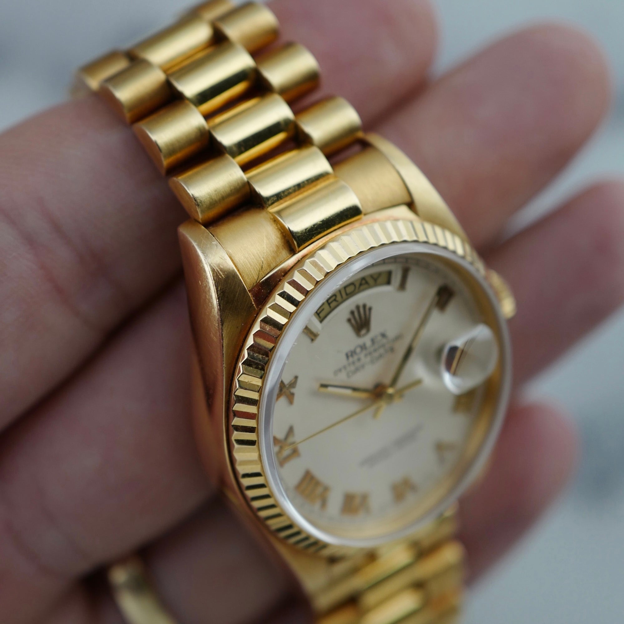 Rolex - Rolex Yellow Gold Day Date Ref. 18038 with White Pyramid Roman Dial - The Keystone Watches