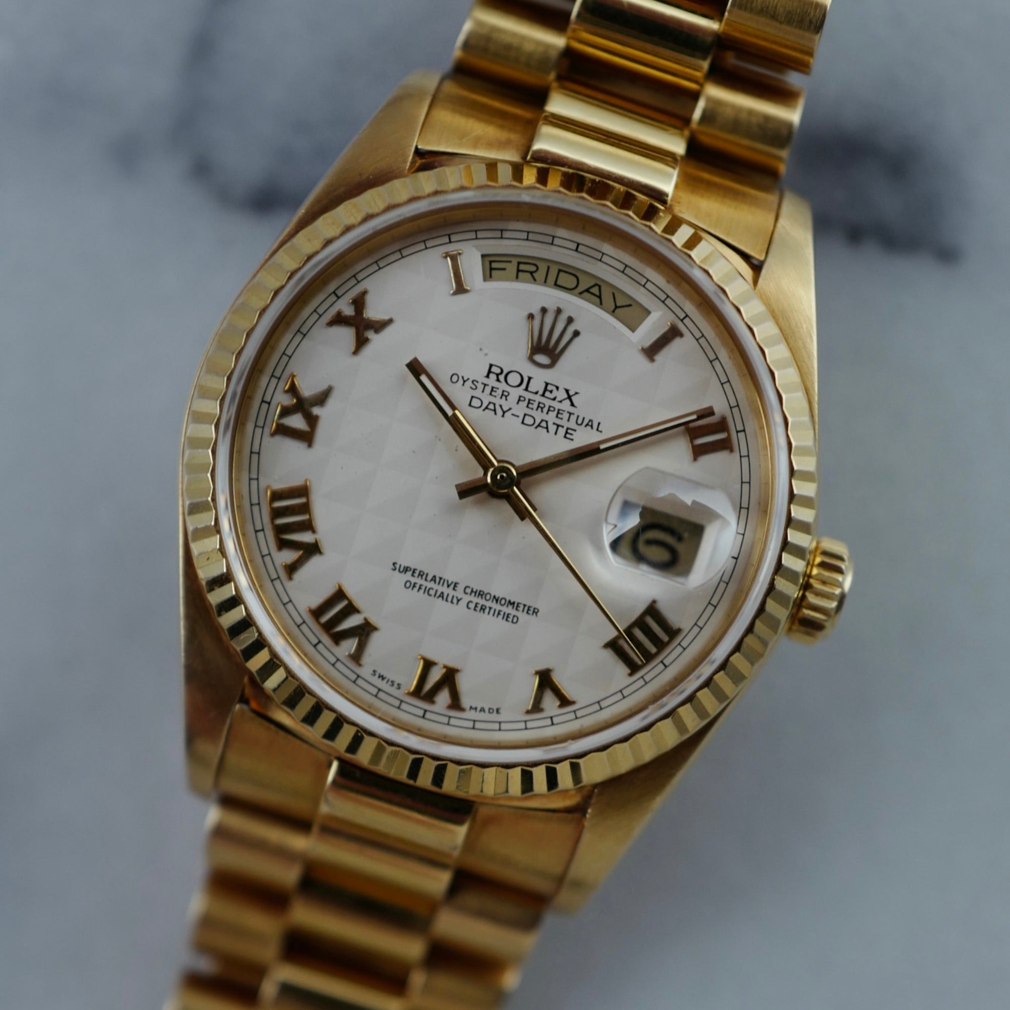 Rolex - Rolex Yellow Gold Day Date Ref. 18038 with White Pyramid Roman Dial - The Keystone Watches