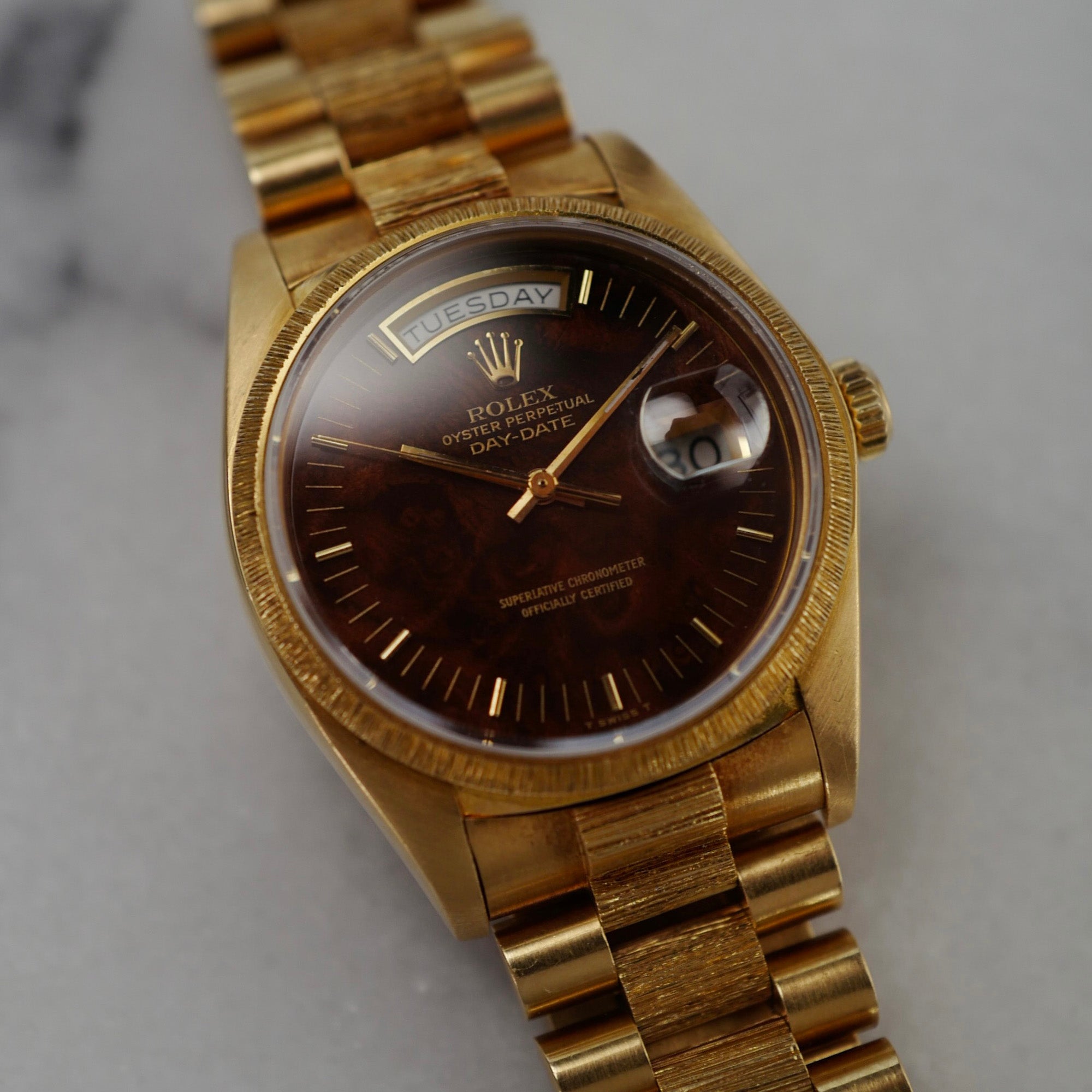 Rolex Yellow Gold Day Ref. 18078 with Burlwood Dial