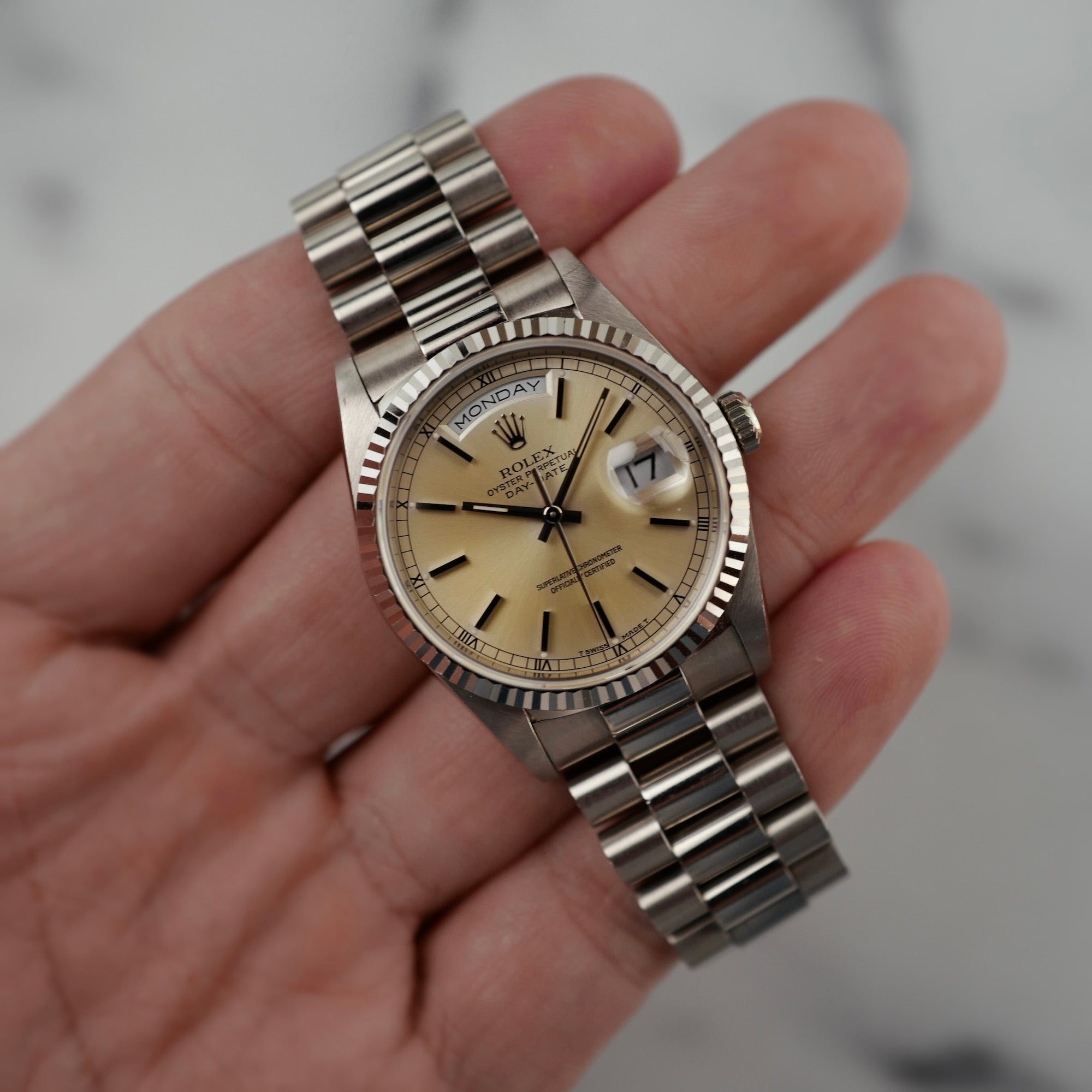 Rolex White Gold Day Date 18239 Lemon Dial with Original Paper