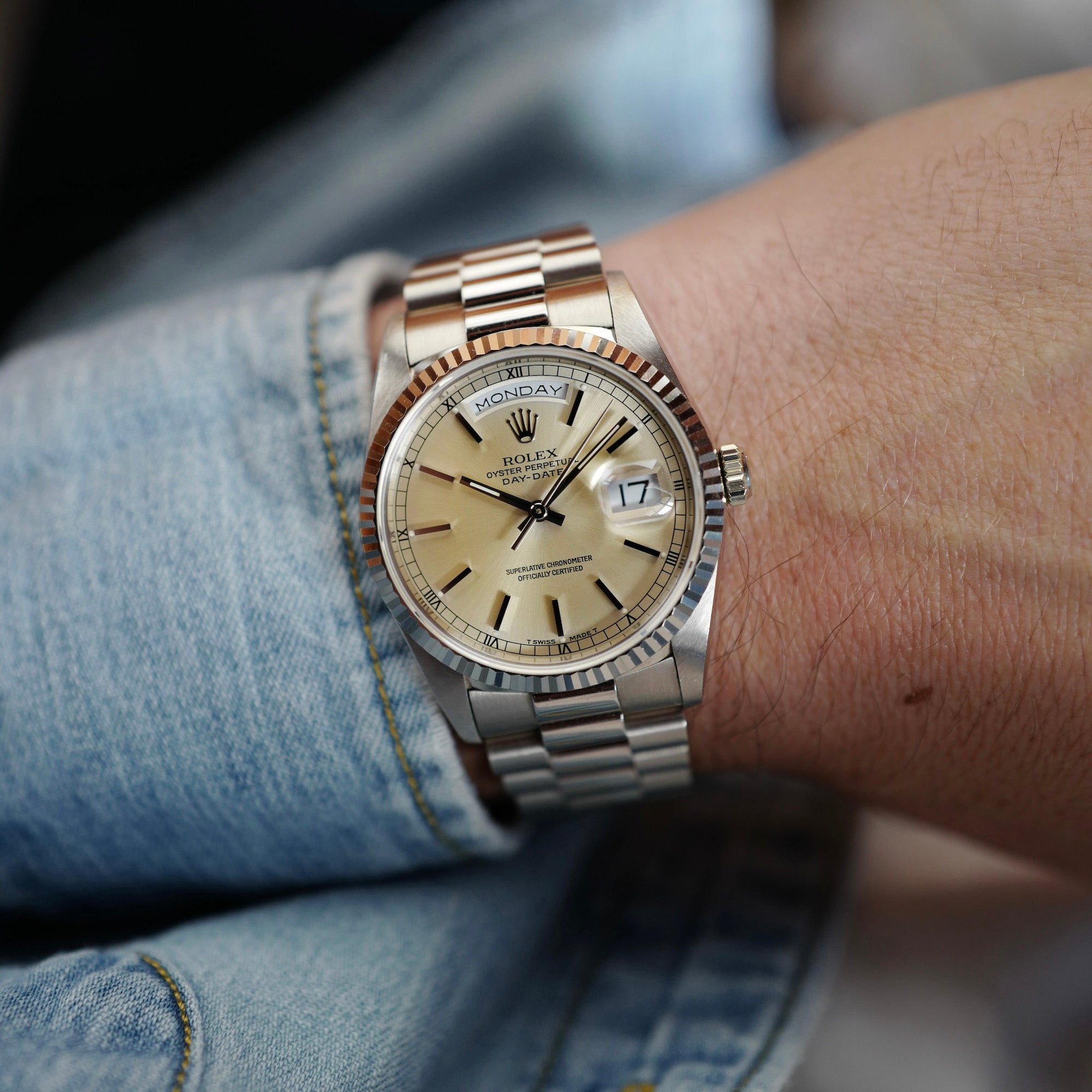 Rolex White Gold Day Date 18239 Lemon Dial with Original Paper