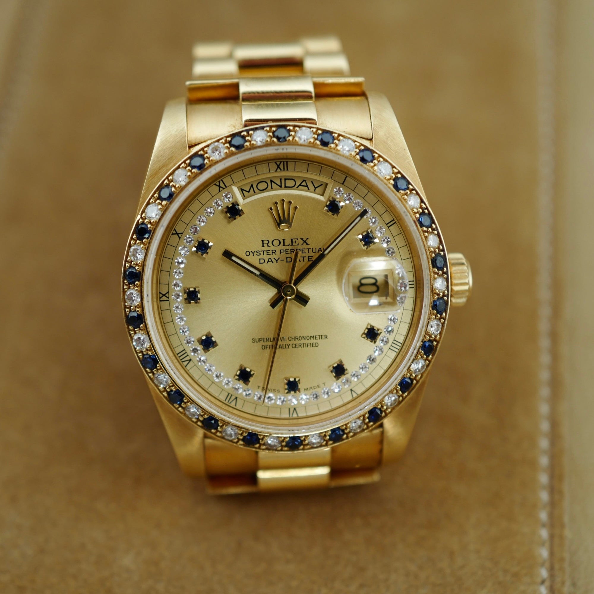 Rolex - Rolex Yellow Gold Day-Date Ref. 18148 with Sapphire and Diamond String Dial and Bezel (New Arrival) - The Keystone Watches