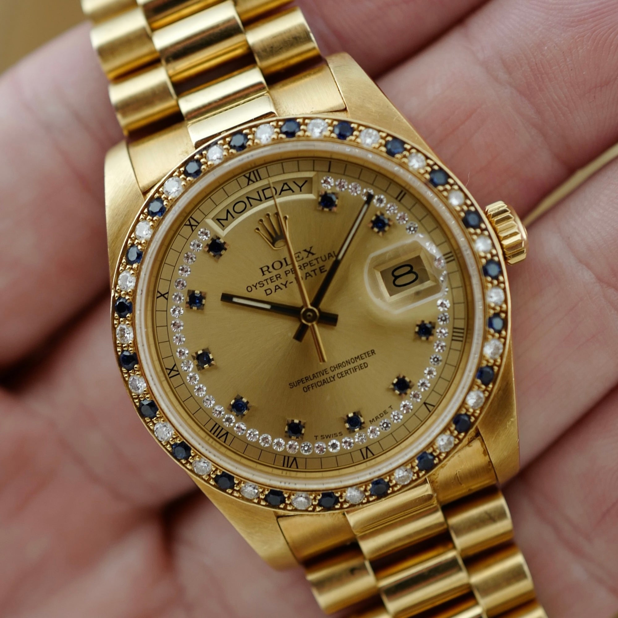 Rolex - Rolex Yellow Gold Day-Date Ref. 18148 with Sapphire and Diamond String Dial and Bezel (New Arrival) - The Keystone Watches