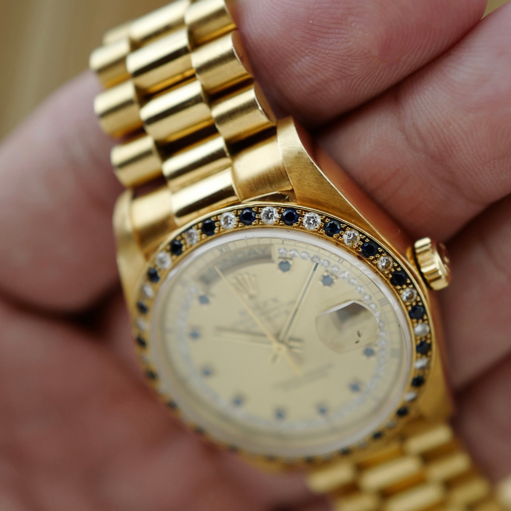 Rolex - Rolex Yellow Gold Day-Date Ref. 18148 with Sapphire and Diamond String Dial and Bezel (New Arrival) - The Keystone Watches