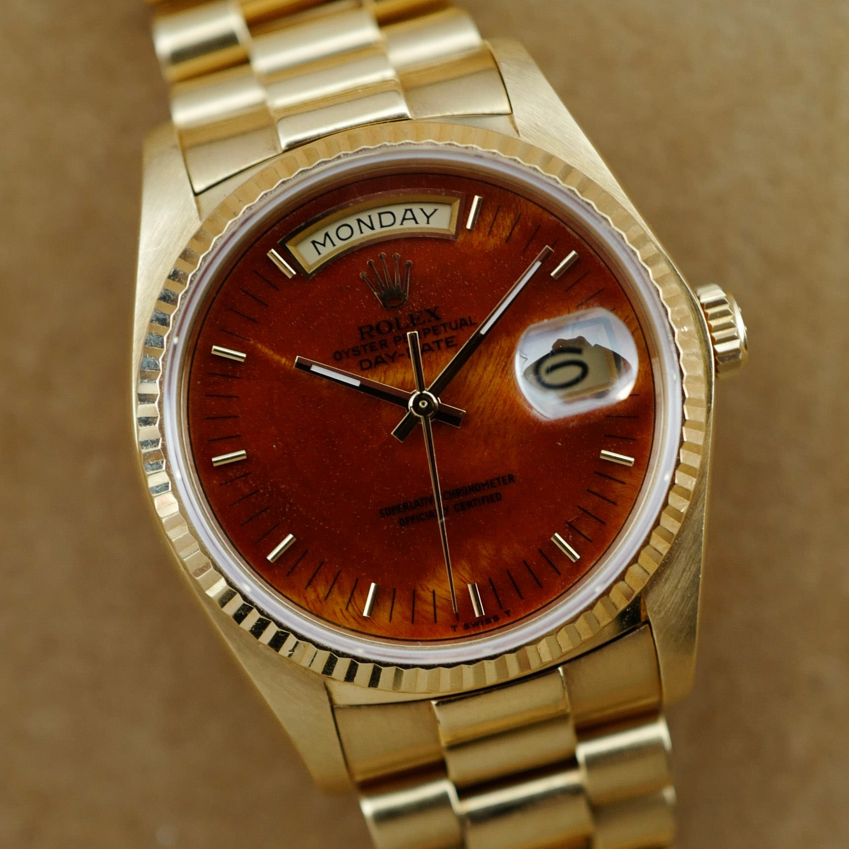 Rolex Yellow Gold Day Date Ref. 18038 with Wood Dial  (New Arrival)