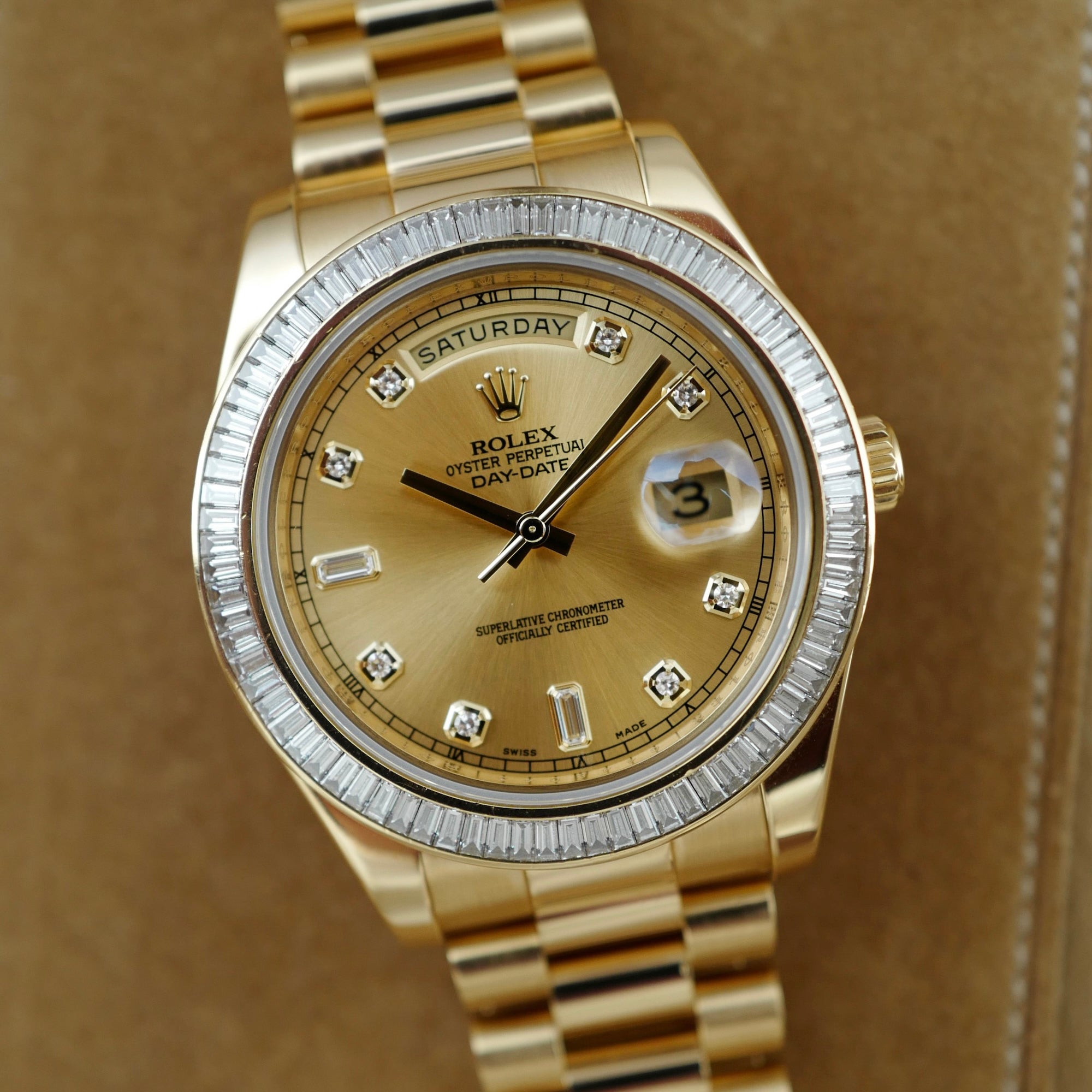 Rolex - Rolex Yellow Gold Day-Date Ref. 218398R with Baguette Diamonds (New Arrivals) - The Keystone Watches