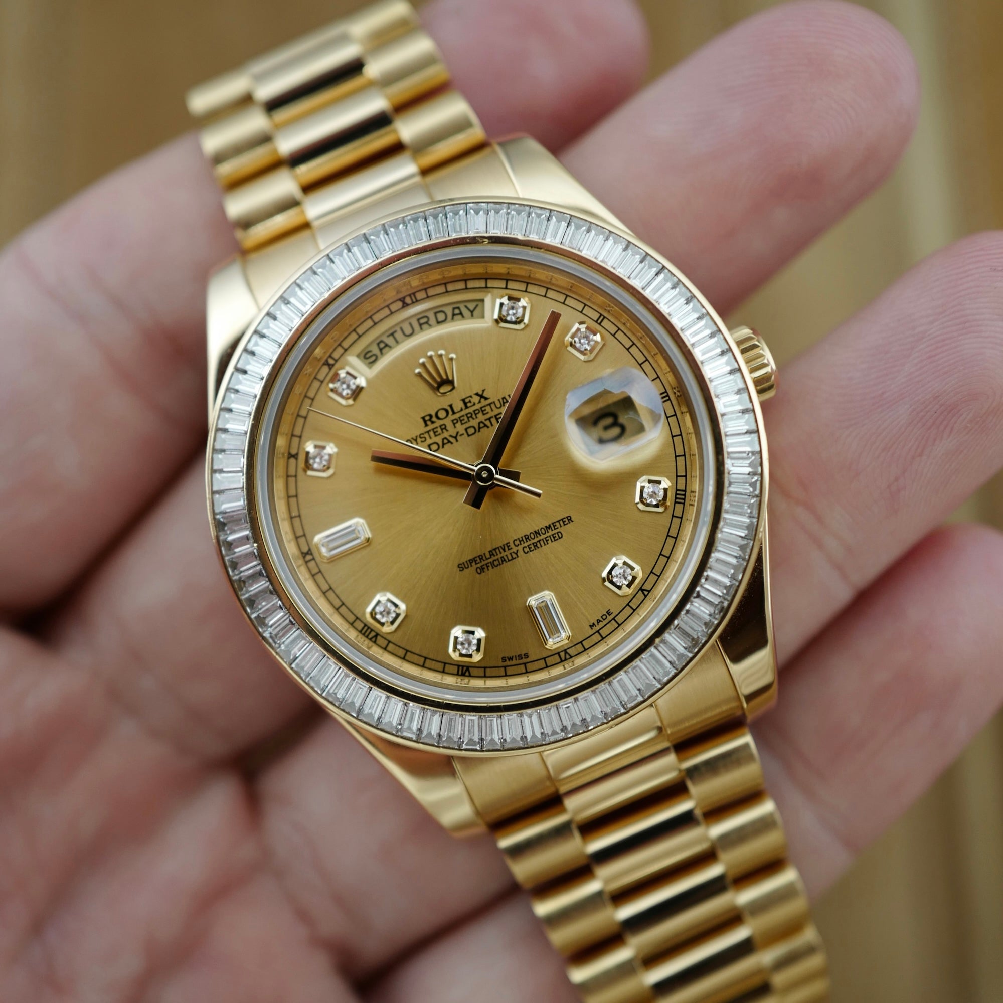 Rolex - Rolex Yellow Gold Day-Date Ref. 218398R with Baguette Diamonds (New Arrivals) - The Keystone Watches