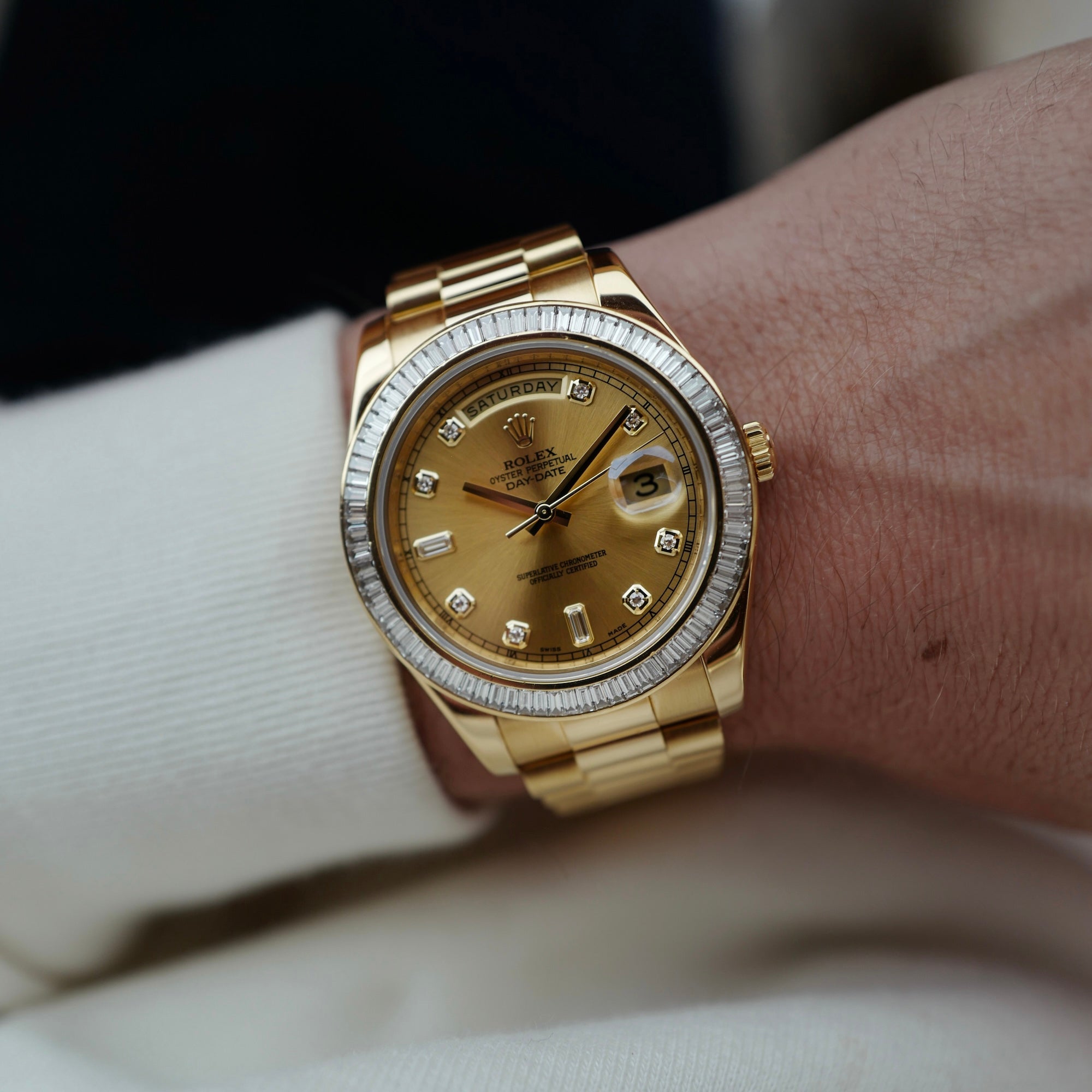 Rolex - Rolex Yellow Gold Day-Date Ref. 218398R with Baguette Diamonds (New Arrivals) - The Keystone Watches