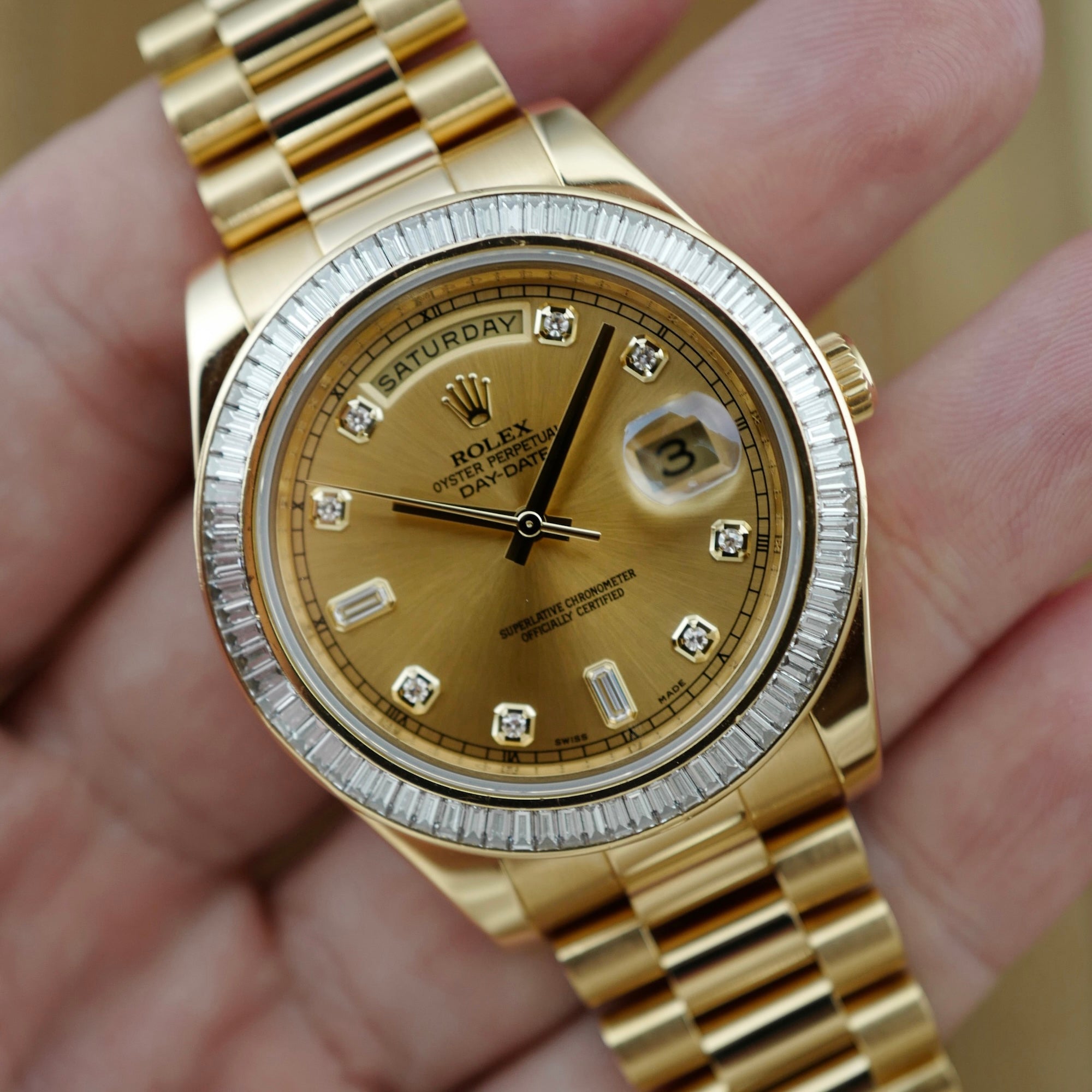 Rolex - Rolex Yellow Gold Day-Date Ref. 218398R with Baguette Diamonds (New Arrivals) - The Keystone Watches